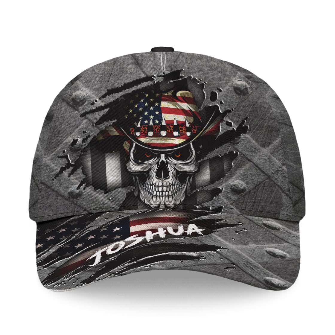 Skull Baseball Cap for Men, Grim Reaper Death Crack Old Metal with Flag, Men's Hat, Adjustable Motorcycle Soft Caps