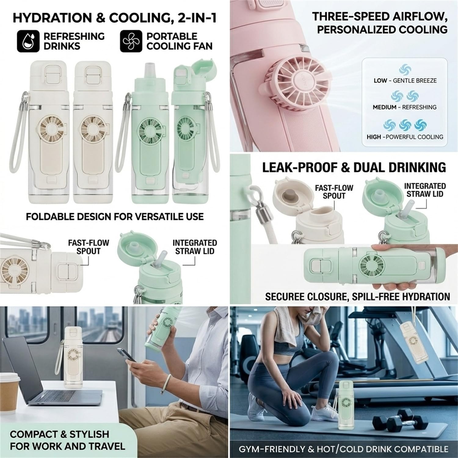 Botella de agua 2 en 1 con ventilador plegable integrado, botella de agua de refrigeración portátil de 690 ml con ventilador de 3 velocidades, popote a prueba de fugas y tapa de boquilla para viajes