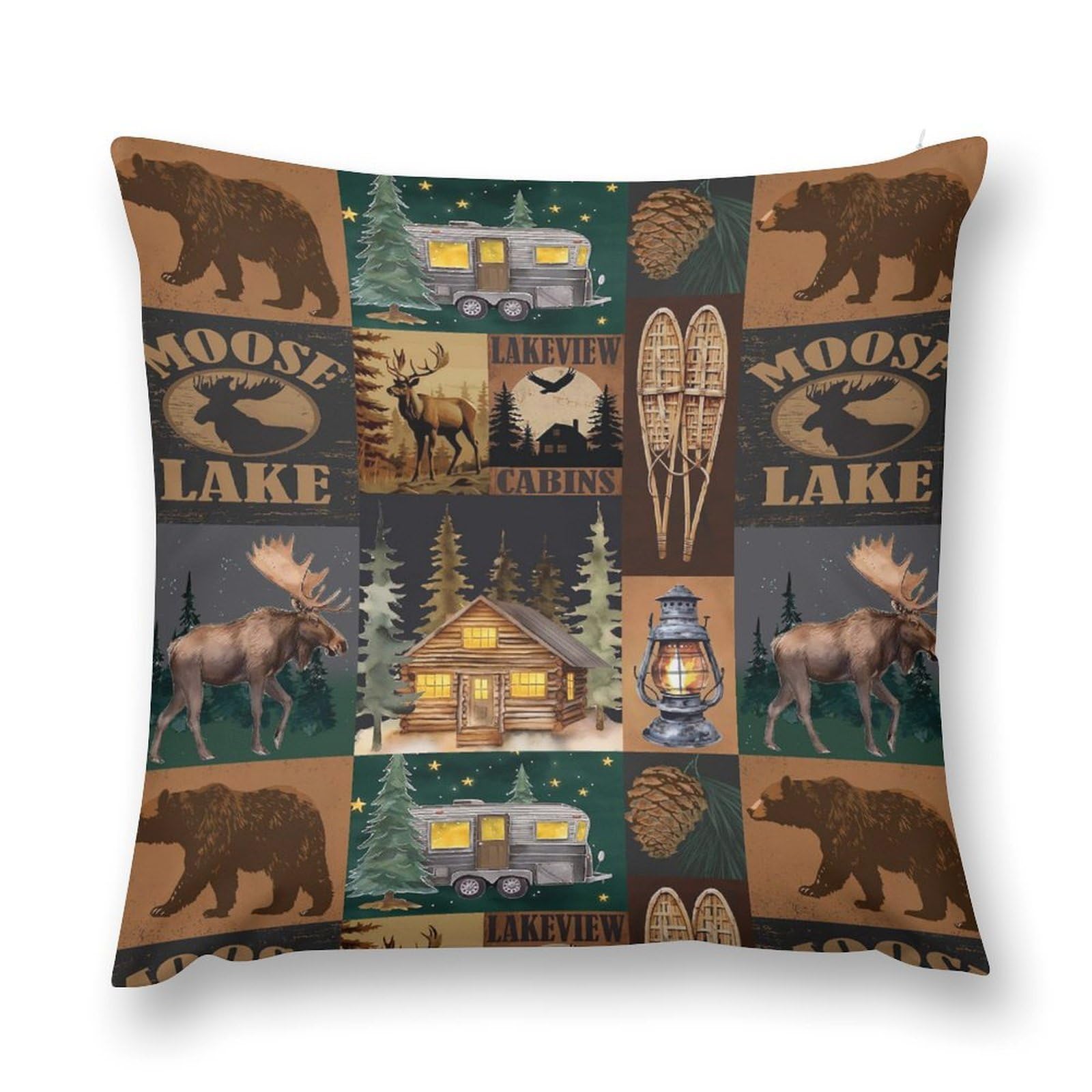 Moderw Cabinbrown-18 Rustic Moose Deer Throw Pillow Cover Retro Vintage Bear Cottage Country Style Sofa Pillowcases Wildlife Animal Cabin Mountain Farmhouse Couch Pillows Cushion Case For Bed Chair 18X18inch