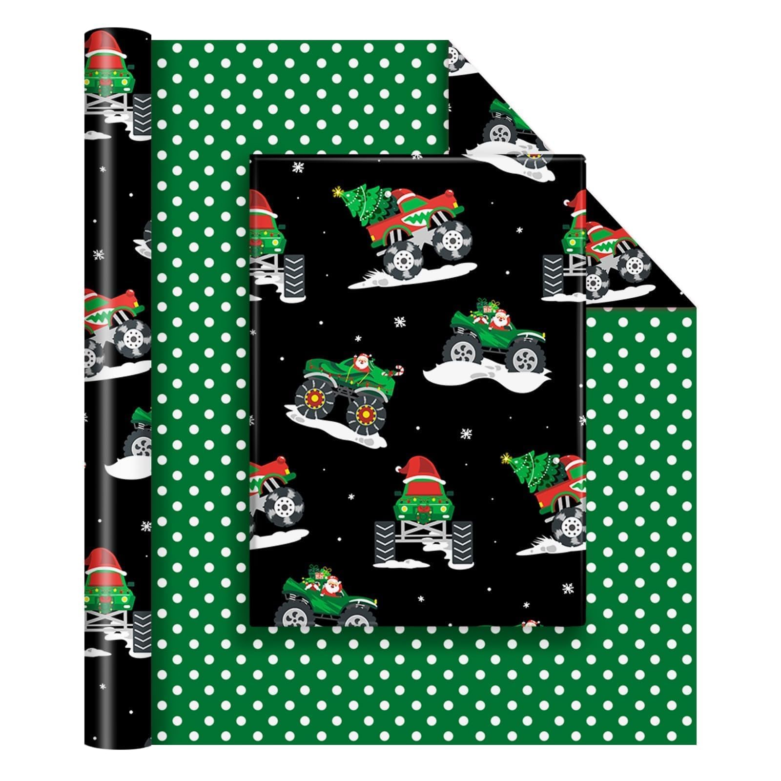 WERNNSAI Monster Truck Christmas Wrapping Paper - 1 Roll 43cm x 10m Christmas Wrap Paper for Kids Adults Santa Xmas Trees Car Wrapping Papers Black Green Gift Wrap Winter Holiday Birthday Party โ image 1