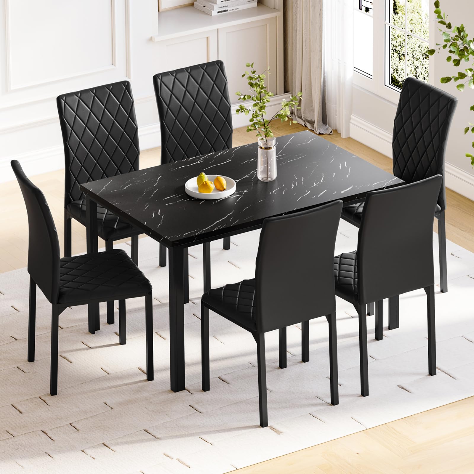 Hello-5ive Dining Table and Chairs Set 6, 120cm Faux Marble Dining Table with 6 Black Upholstered PU Leather Chairs, Modern Kitchen Dining Room Furniture Set