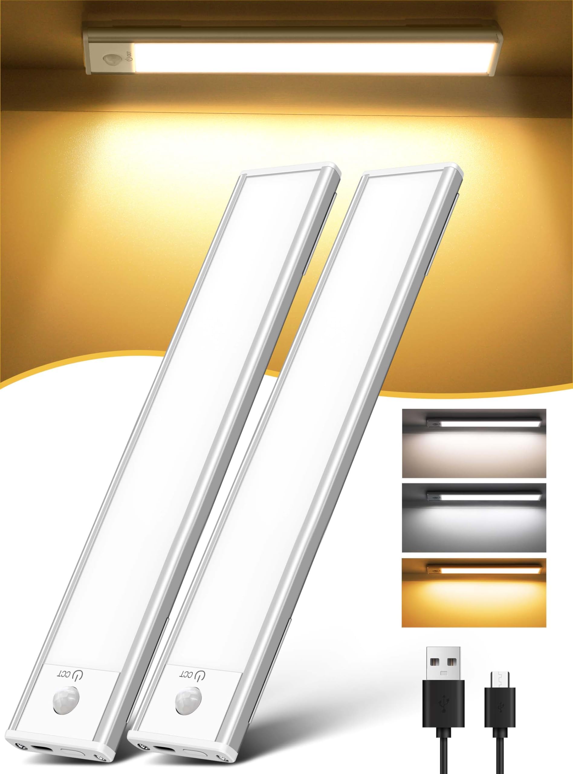 2Pack 12” Under Cabinet Lights, Magnetic Led Motion Sensor Counter Lights, 3 Color Temperatures Light Bar, USB Rechargeable Closet Light for Kitchen, Bedroom, Wardrobe, Hallway, Stairs