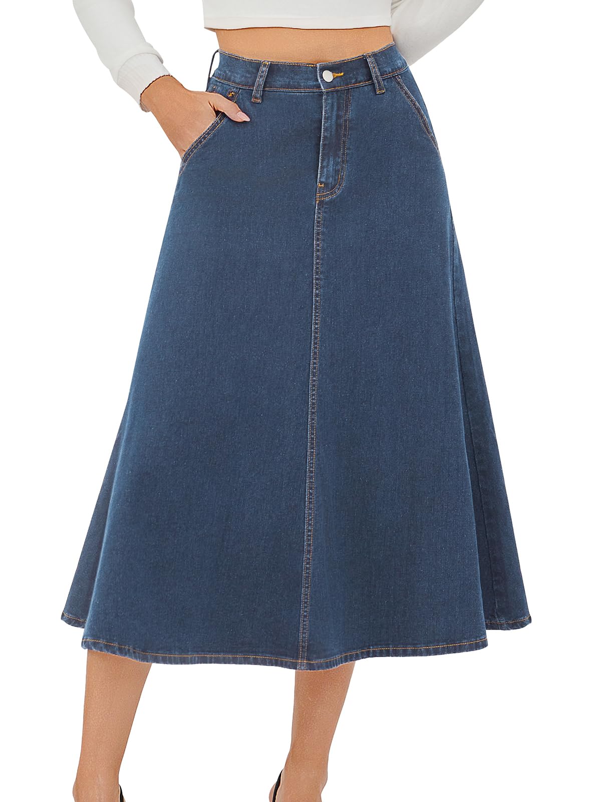 HUSKARY Womens Stretchy High Wasited A Line Long Maxi Jean Skirt Below Knee Length Flared Midi Denim Skirts