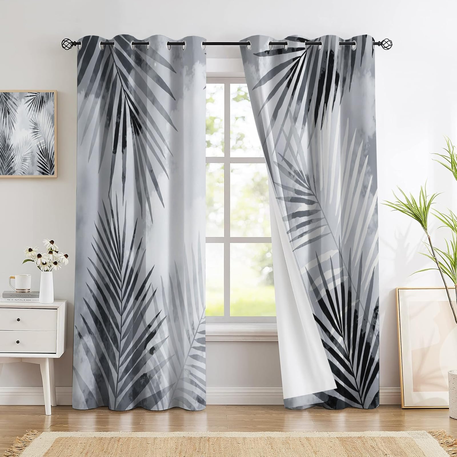 Rideaux occultants thermiques 140x225 gris opaque feuilles de palmier salon