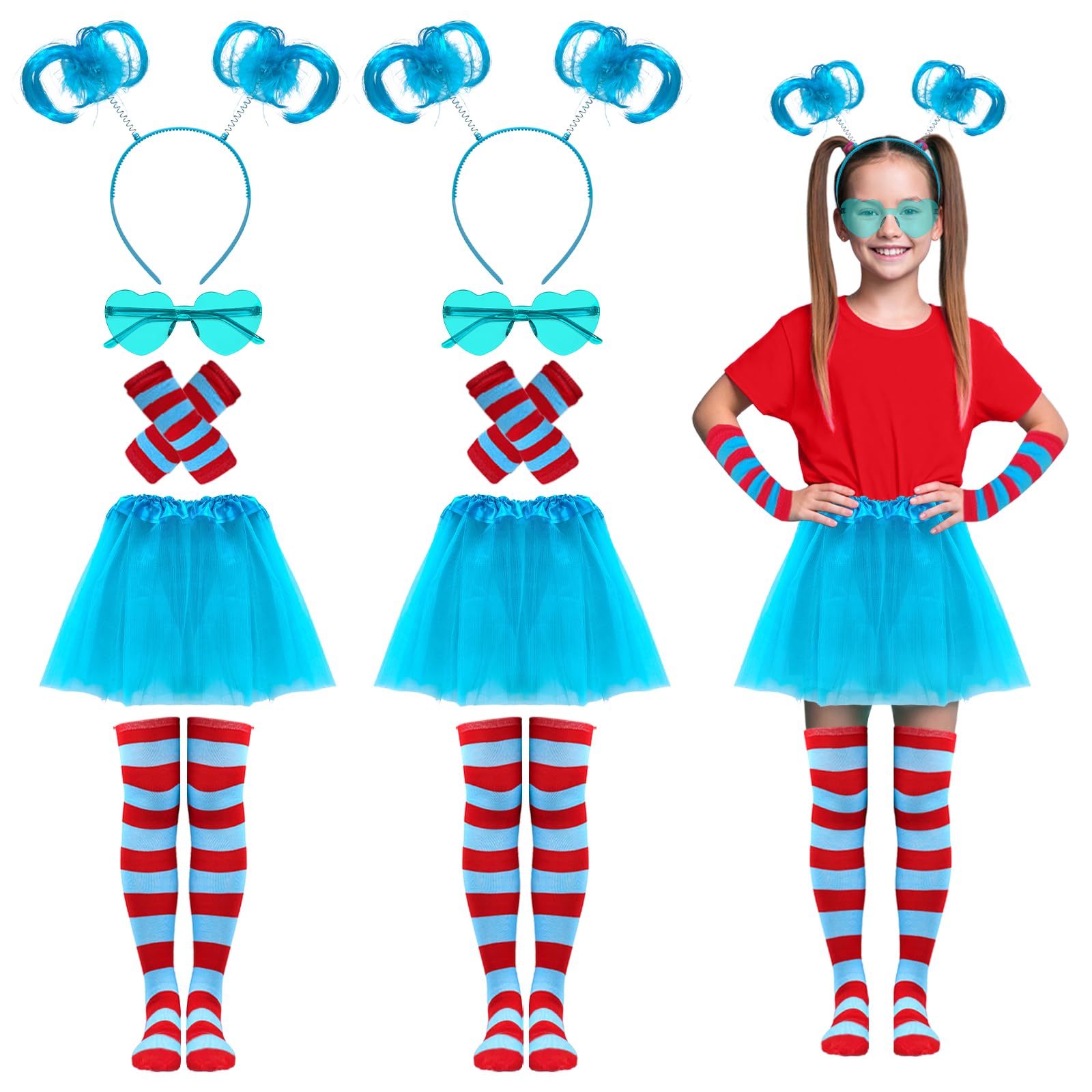 AIHSUMC10 Pcs Halloween Tulle Tutu Costume Set Include Striped Socks Stretchy Gloves Cyan Ponytail Headband Heart-Shaped Glasses (Cyan)