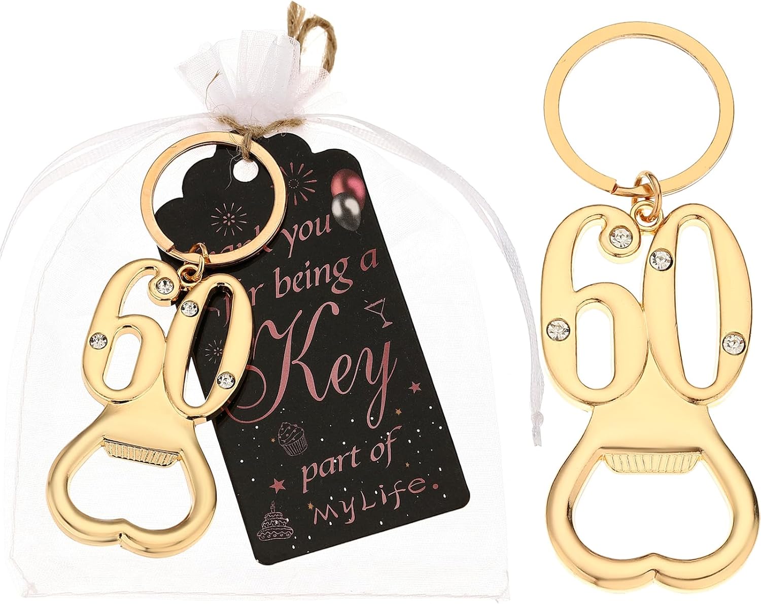 12pcs 60th Gold Keychain Bottle Opener 60th Birthday Party Favors, 60 Beer Bottle Opener Favors 60 Anniversary Souvenirs Return Gifts for Guests Party Decor Supplies (Black and Pink Tag, 60)