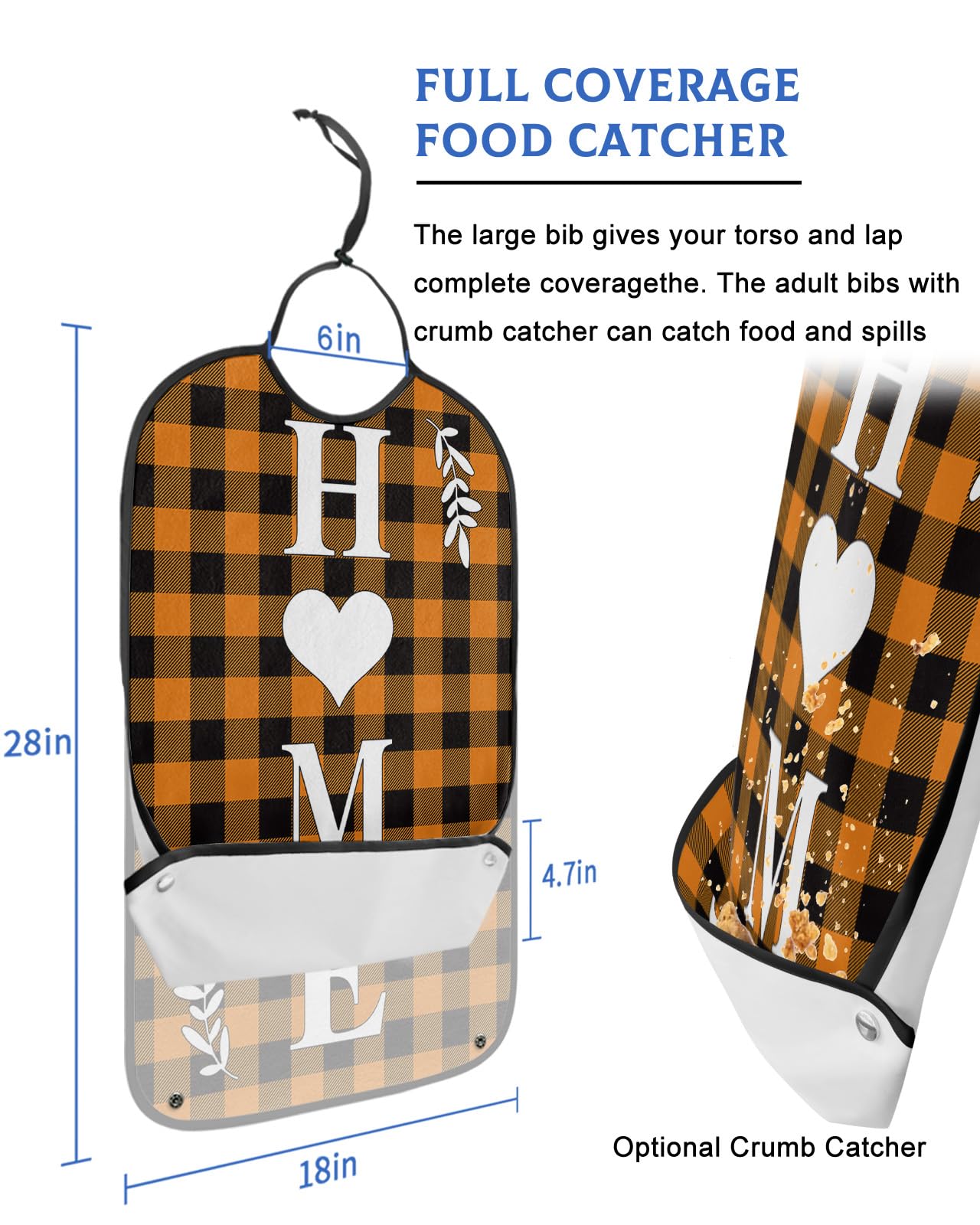 Halloween Thanksgiving Love Heart Home Adult Bibs for Eating, Waterproof Bibs with Food Catcher & Adjustable Snap Closure, Orange Black Plaid Clothing Protectors Adult Bibs for Elderly Women/Men