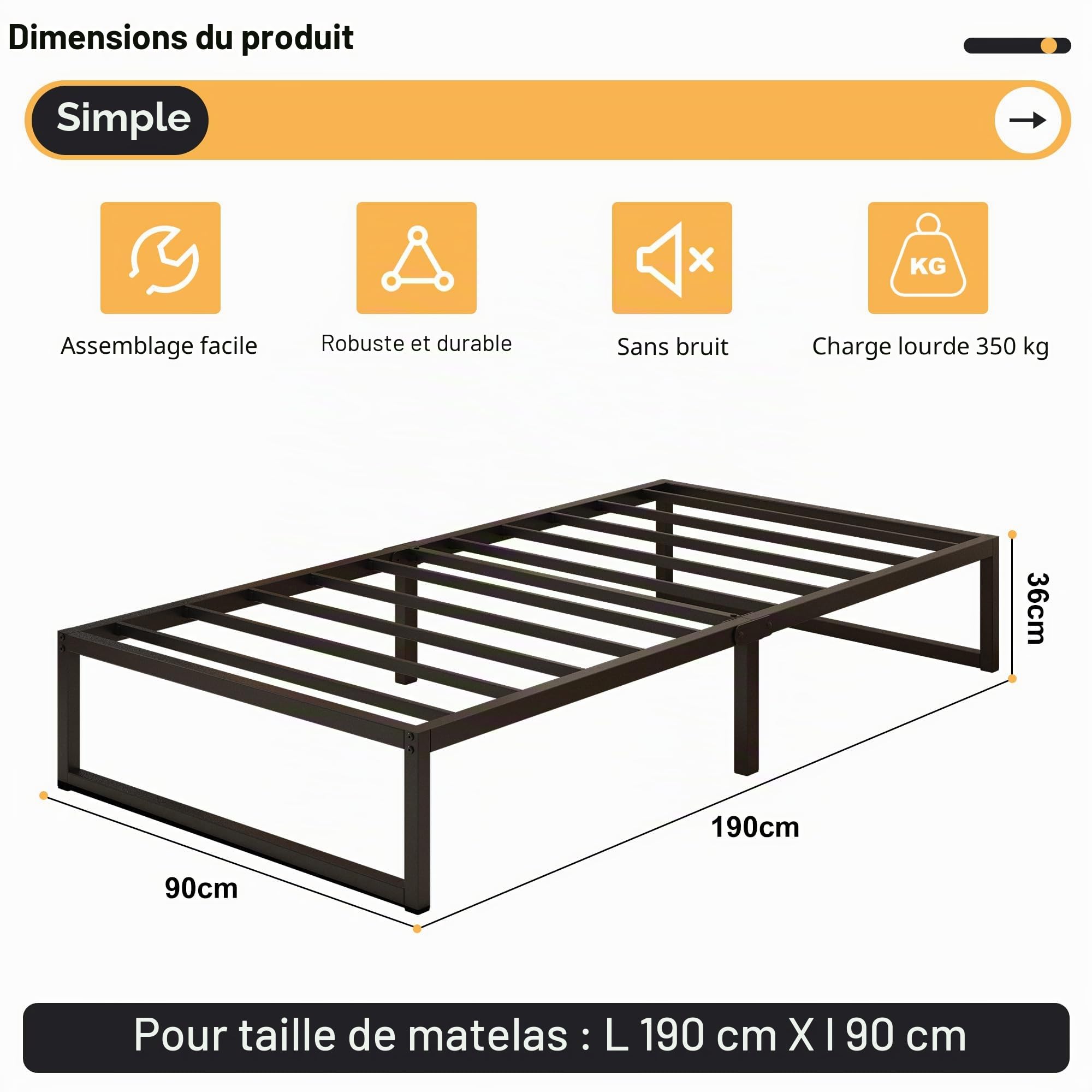 Yicensen Cadre Lit 90 x 190 cm, 1 Place, Métal Lattes Acier, Noir | Charge Maximale de 350 kg, Hauteur 36 cm, Silencieux, Aération Optimale, Pieds Antidérapants, Facile à Nettoyer
