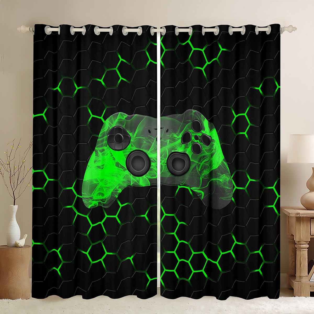 Homewish Gamer Gaming Fenstervorhänge für Jungen Geometrisches Wabenmuster Sechseck Vorhänge Kinder Cool Spielen Vorhang Videospiel Gamepad Ösenvorhänge für Spielzimmer Grün Schwarz 175x140, 2 Paneele