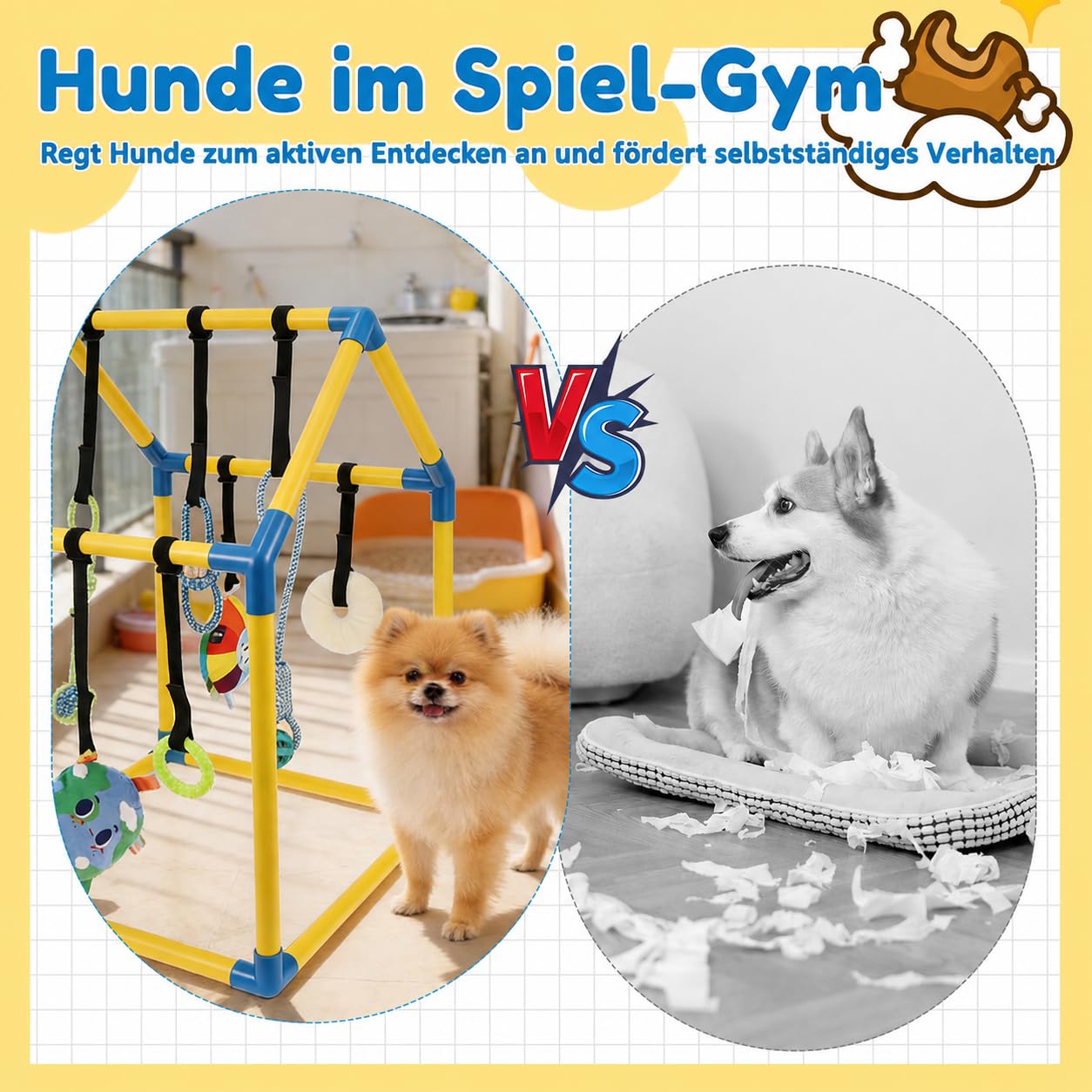 Parc de jeu pour chiots avec 8 jouets intelligents et fermetures , salle de jeu pour petits chiens avec cadre en PVC, jouet pour chiots pour dressage, apaisement, sol intérieur