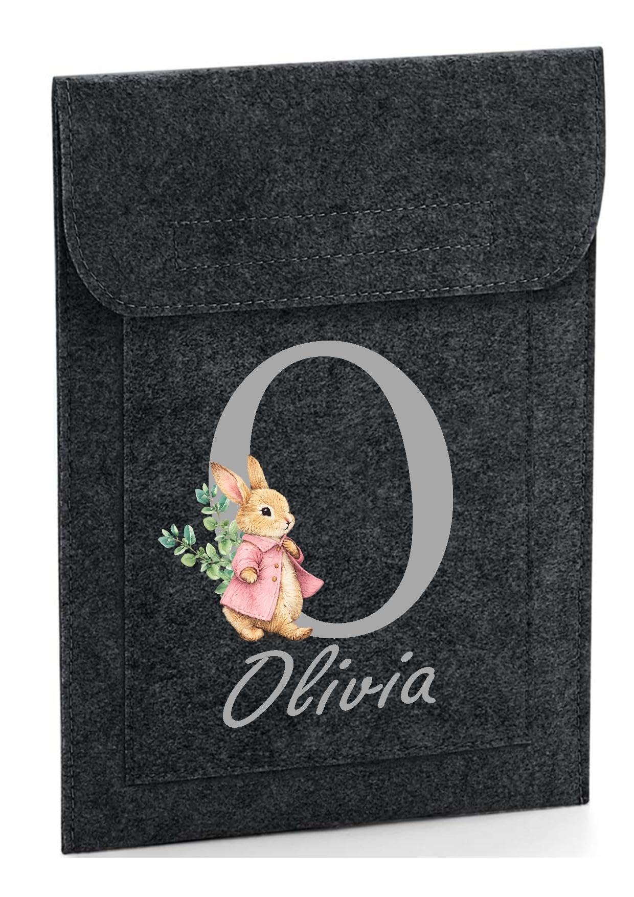 Personalised Baby Health Record Cover, Charcoal Felt with Initial Pink Bunny Design, NHS Red Book Holder