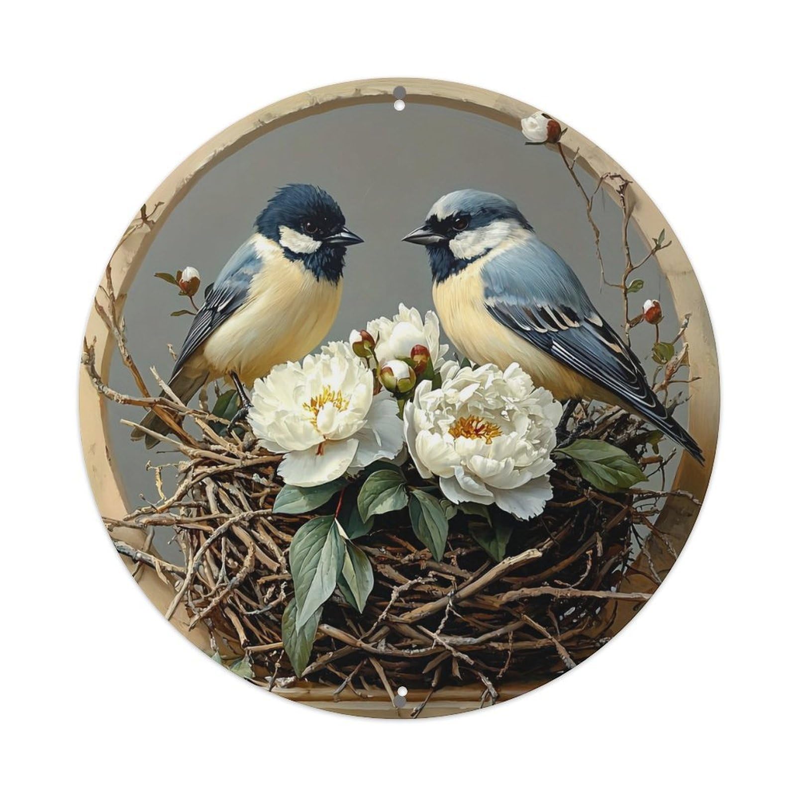 Birds Nest Flowers Branches Circle Metal Tin Sign Plaque