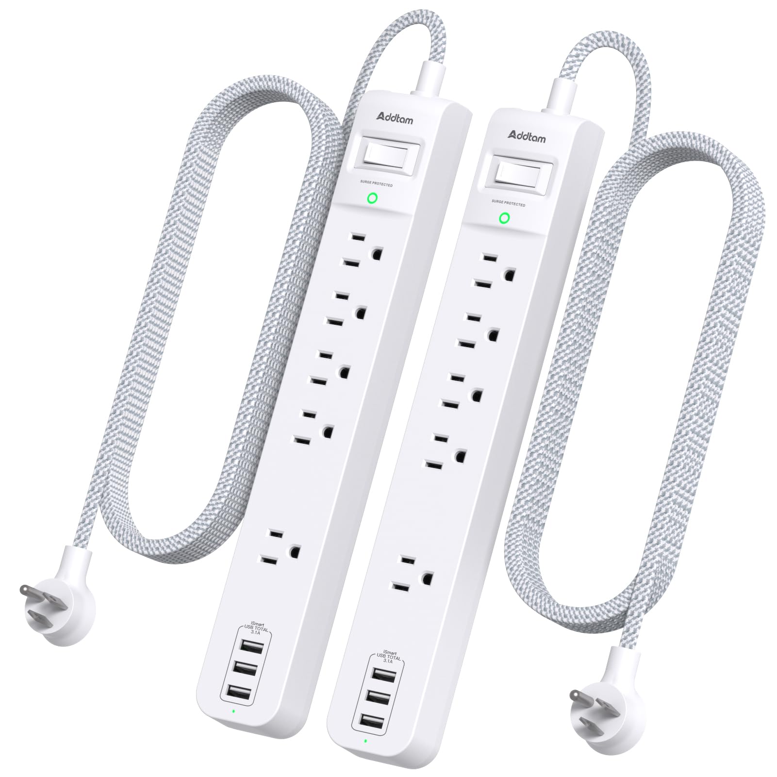 Addtam - Protector de sobretensiones de 10 pies, 5 tomacorrientes con 3 puertos USB, cable de extensión largo, enchufe plano, protección contra sobrecarga 1050J, montaje en pared, estación de carga de