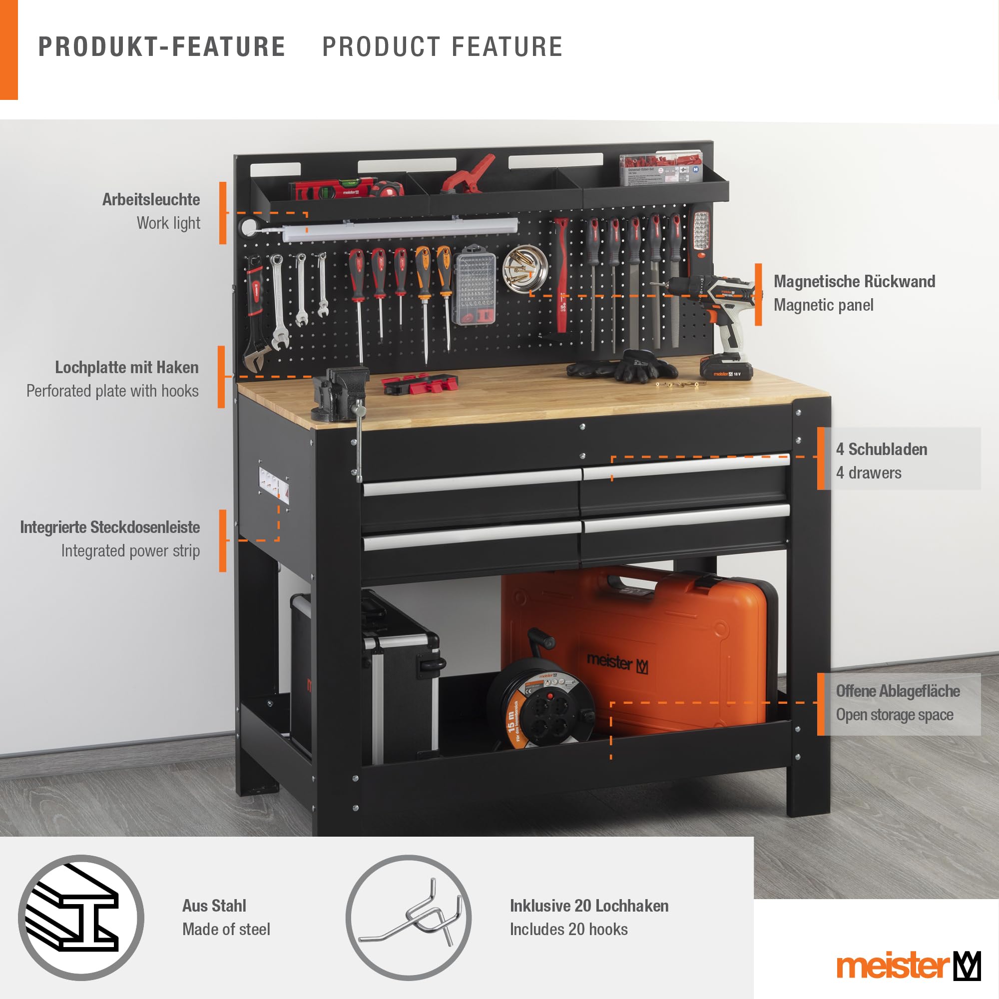 Meister Werkbank 1400 x 1140 x 610 mm - 200 kg Tragkraft - Vier Schubladen, Lochrückwand & drei Ablagefächer - Mit LED-Arbeitsleuchte & integrierter Steckdosenleiste - Aus Stahl / Werktisch / 9079700