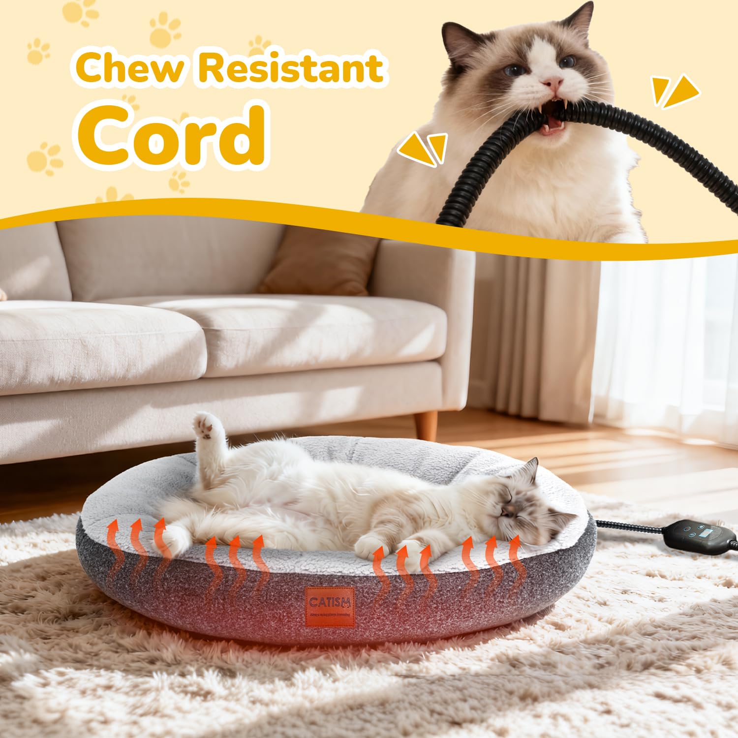 CATISM Beheiztes Katzenbett Heizmatte, Haustier Heizdecke Katzenkissen Heizungsliege Katzenhöhle, Timing & Temperatur Einstellbar Sicher Elektrisch Haustier Katzenkorb für Katzen 48 * 30 * 10cm