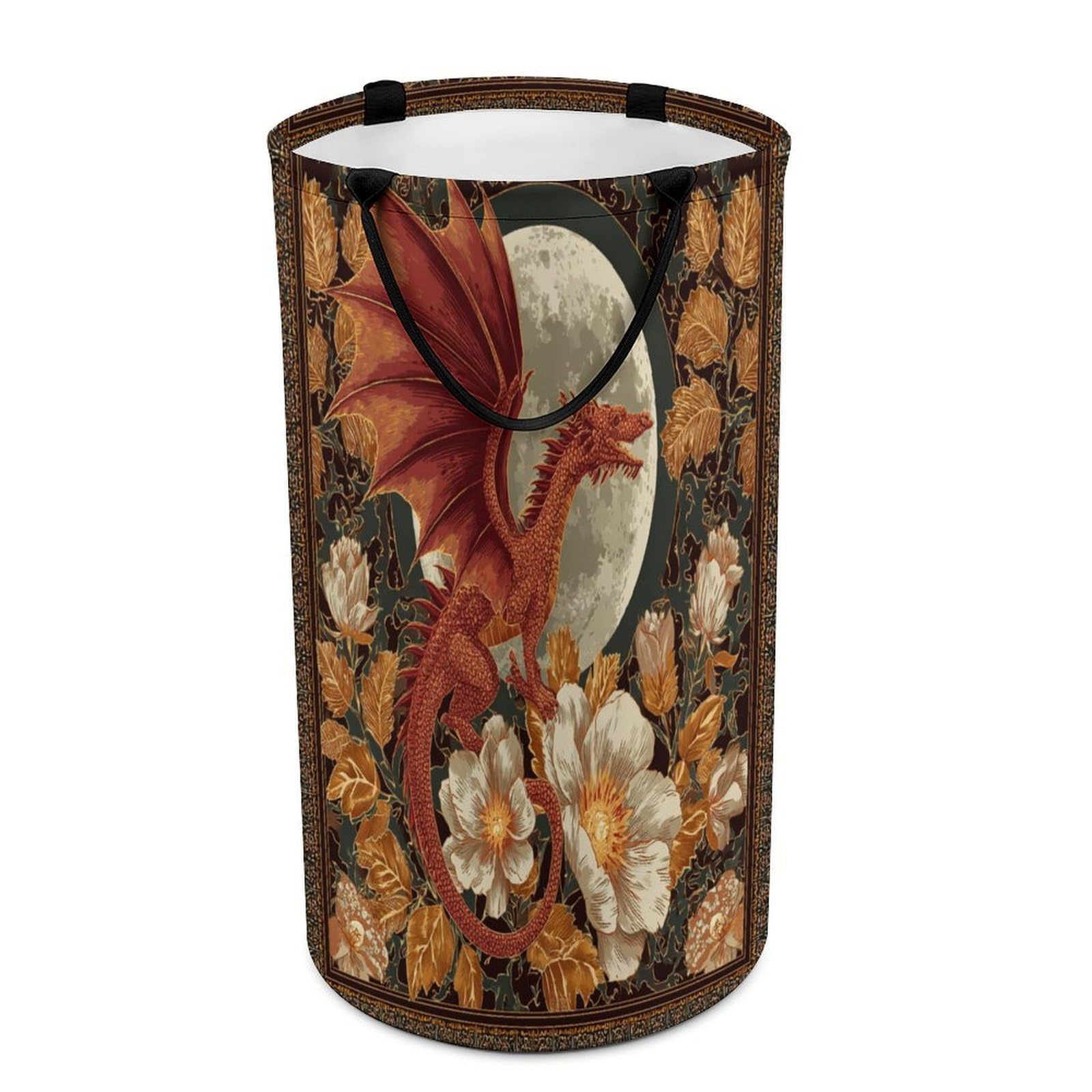 LUYYSKY Modern Vintage Fantasy Dragon Collapsible Dirty Clothes Basket, Rustic Watercolor Full Moon Plant Flowers Mythical Animal Dragon Portable Clothes Storage Laundry Basket-40 CM Dia, 69 CM High