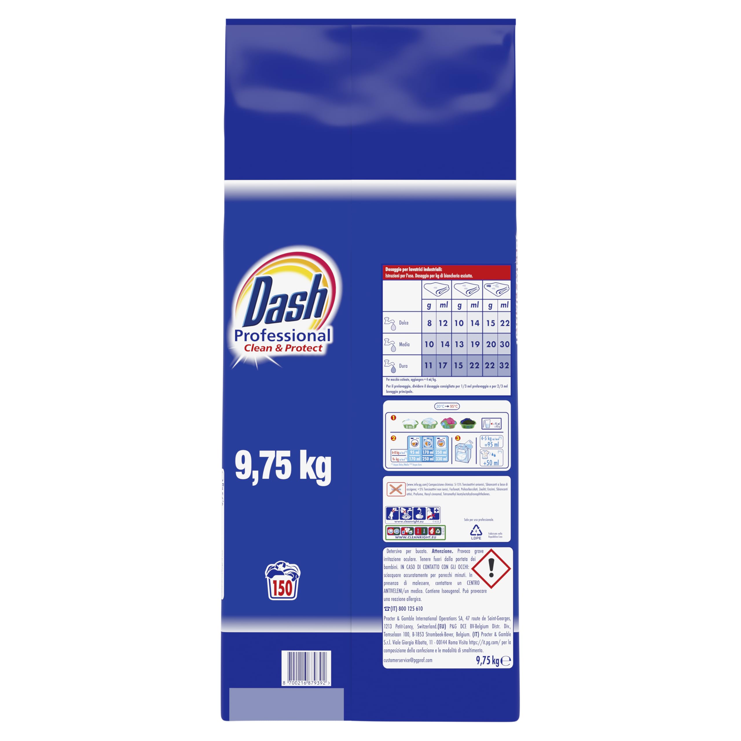 Dash Professional Clean & Protect, Detersivo Lavatrice Polvere Professionale, 150 lavaggi, 9.75 kg, Aiuta a Rimuovere Tutti i Tipi di Macchie, Bianco Straordinario, Per Bucato Professionale