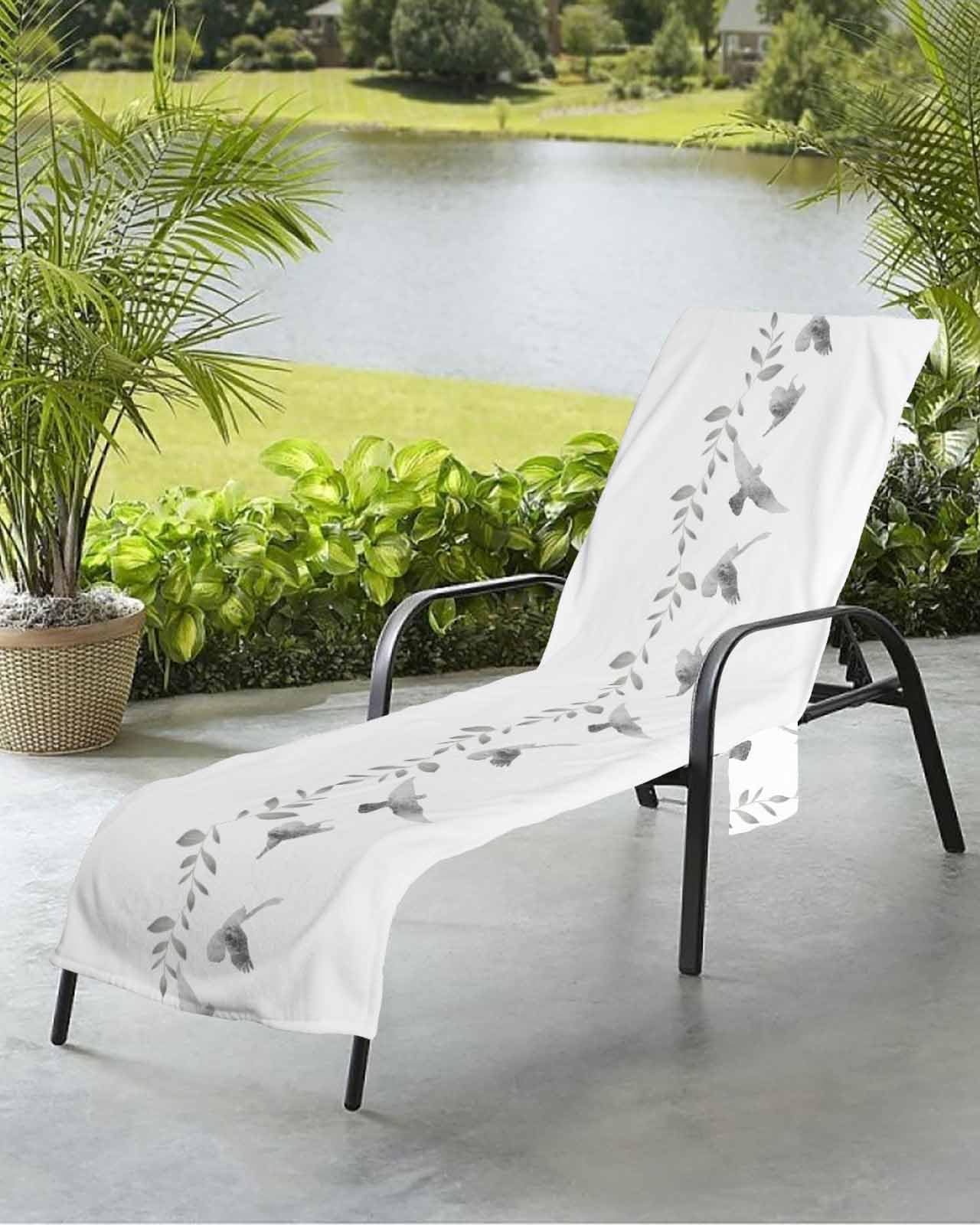 Tree Leaves Birds Beach Chair Towel Covers for Chaise Lounge with Side Pocket, Soft Plush Pool Towels Cover for Patio Sunbathing Outdoor 29''x85'' Spring Botanical Summer Animal