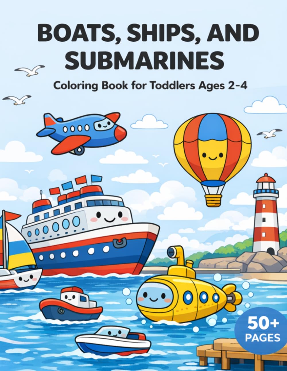 Boats, Ships, and Submarines: Coloring Book for Toddlers Ages 2–4 | 60 Fun and Easy Boat, Ship, and Submarine Coloring Pages | Single-Sided Pages