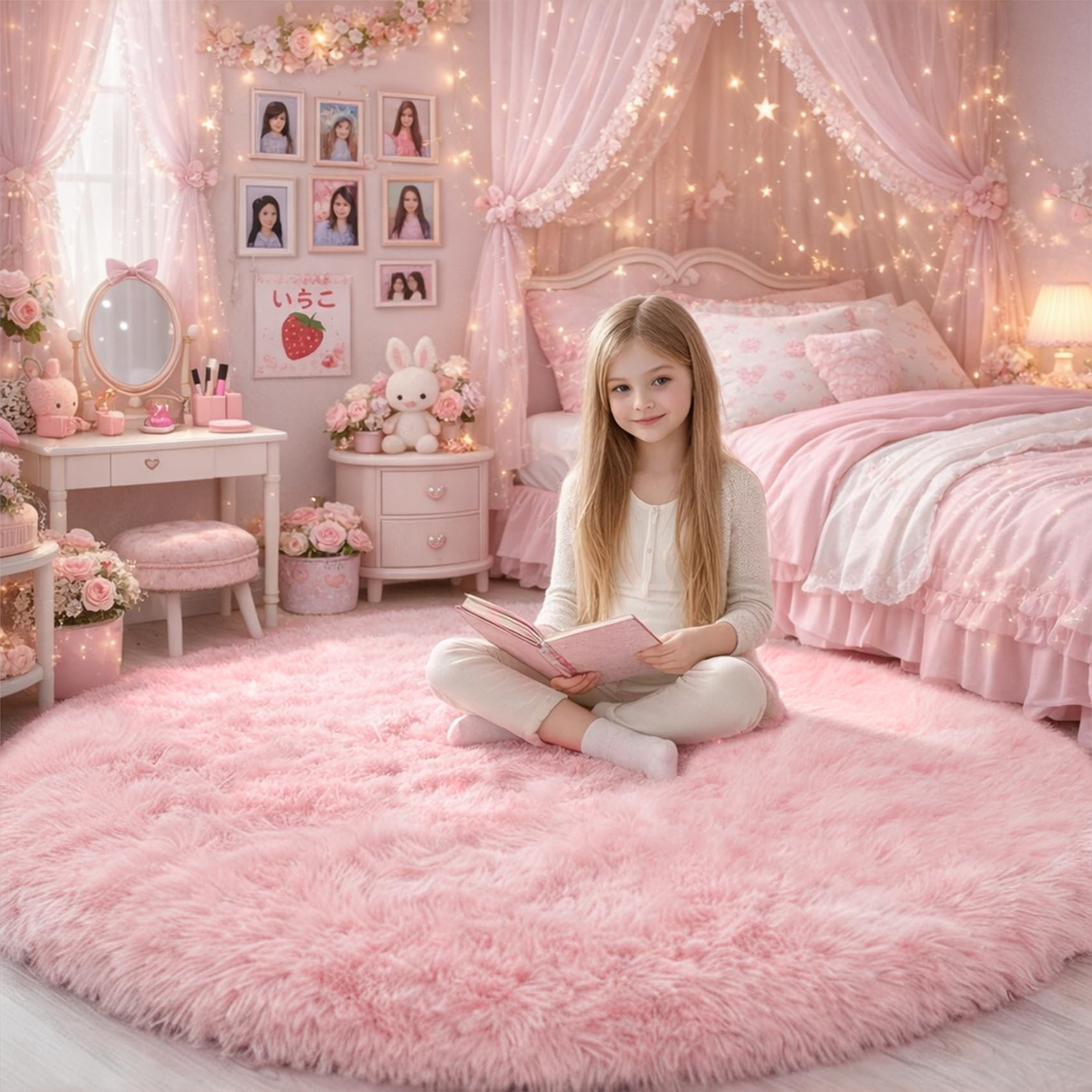 Pink Fluffy Round rug 5Ft for Girls Bedroom Decor Aesthetic, Shaggy Circle Area Rug for Kids Room Living Room, Cute Fuzzy Carpet for Nursery, Dorm, Classroom, Teen, Princess, Comfy Baby Playroom — image 1