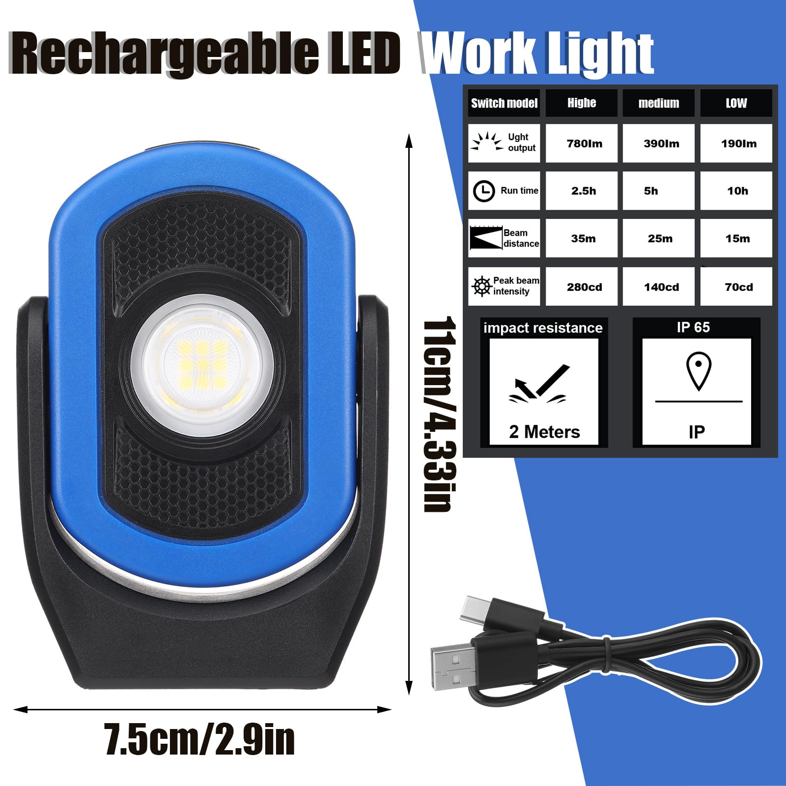 Retisee Paquete de 2 linternas de trabajo magnéticas de 780 lúmenes, linterna LED recargable por USB, luz de inspección portátil para reparación de automóviles, iluminación de emergencia, taller de