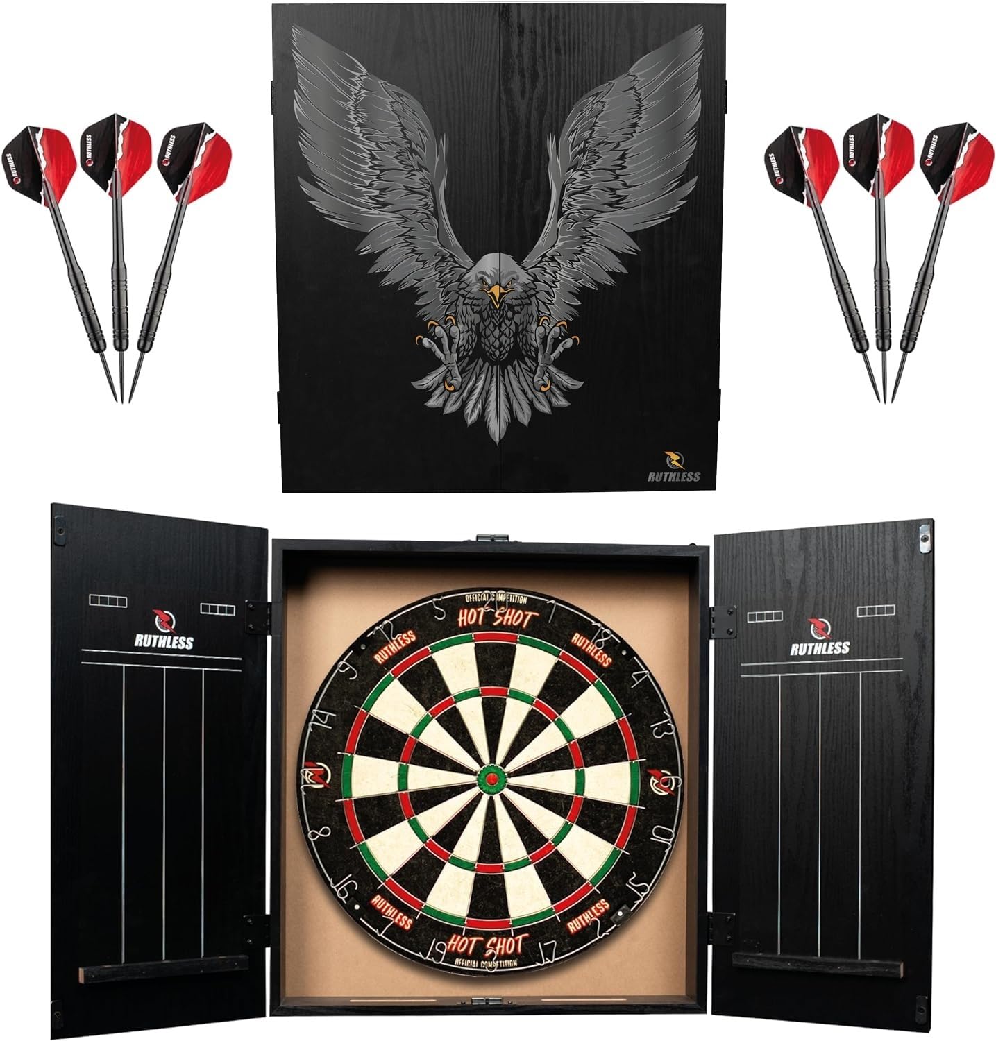 Ruthless Home Darts Centre | Complete Home Dart Board Centre Including Cabinet, Dartboard and 2 Sets of Darts (Eagle)