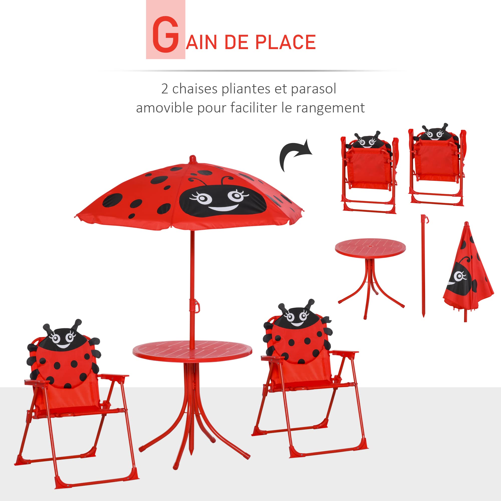 Outsunny Ensemble Salon de Jardin Enfant 4 pcs Design Coccinelle - Table Ronde + 2 chaises Pliables + Parasol - métal époxy Oxford Rouge