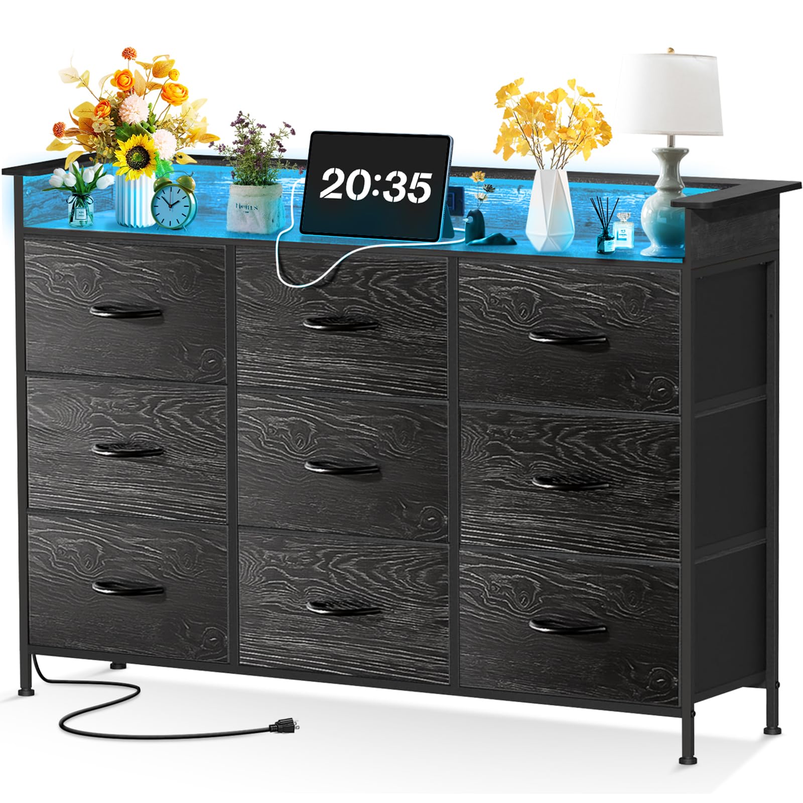 FURRIFIC Comoda Cajonera para Recamara, Comodas y Cajoneras con Luces Led | 2 Salidas y 2 USB, Cómoda de Dormitorio con 9 Cajones, Organizador de Estructura Metal, Almacenamiento de Casa y Oficina - Negro