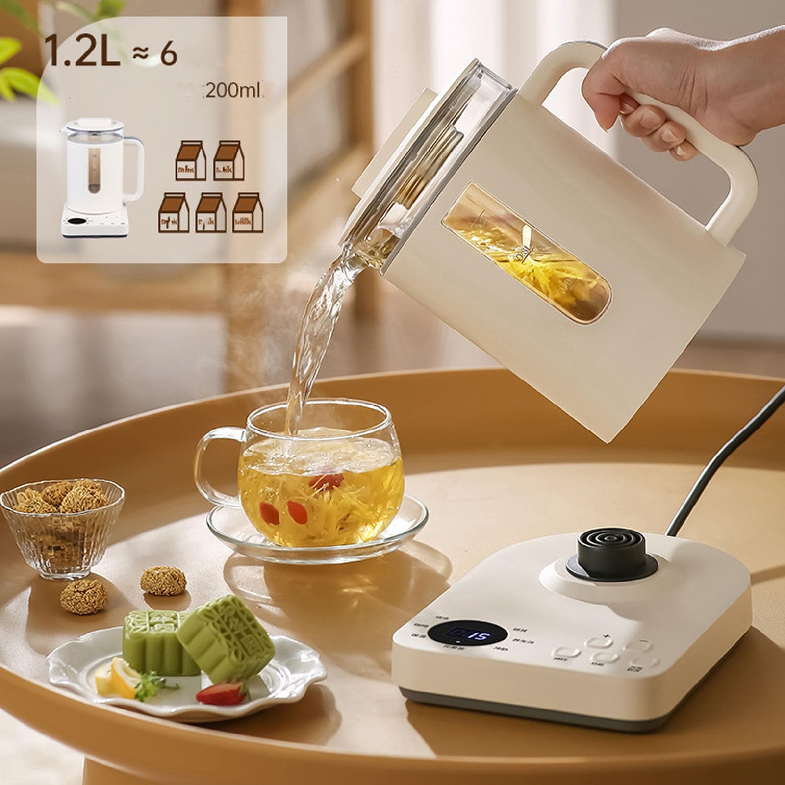 Hervidor Eléctrico de Vidrio, Hervidor de té Eléctrico 1,2 L con Infusor de té, Control Temperatura, Mantener Caliente, Calentador Inteligente Agua Caliente Tetera para té y