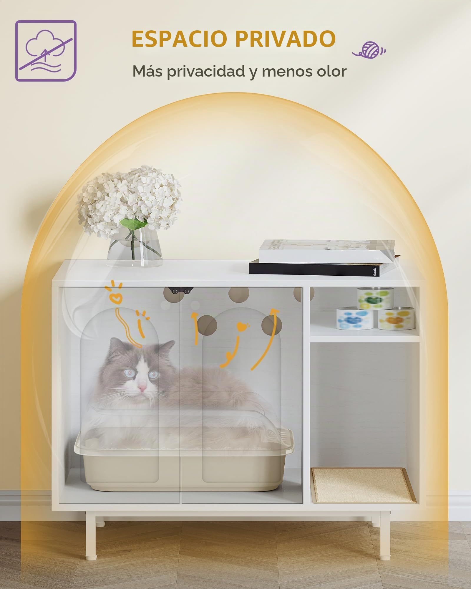 Hzuaneri Armario para Gatos, Mueble Arenero Gatos, Caja de Arena, Mueble Arenero, Casa para Gato con Puerta y Divisor Separado, 50 x 80 x 61 cm, Piernas Altas, Blanco CB01513W