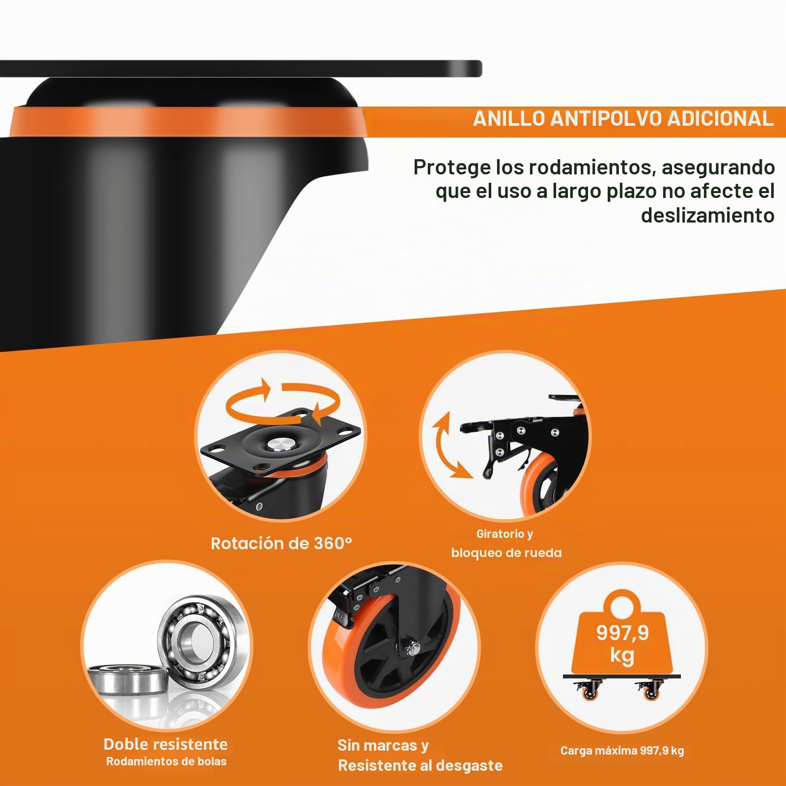 CPROSP Ruedas para Cargas Pesadas con Freno, 150 mm, Ruedas Giratorias | Ruedas de Transporte de Acero Inoxidable para Exteriores; Juego de 4; de 800 kg de Capacidad de Carga