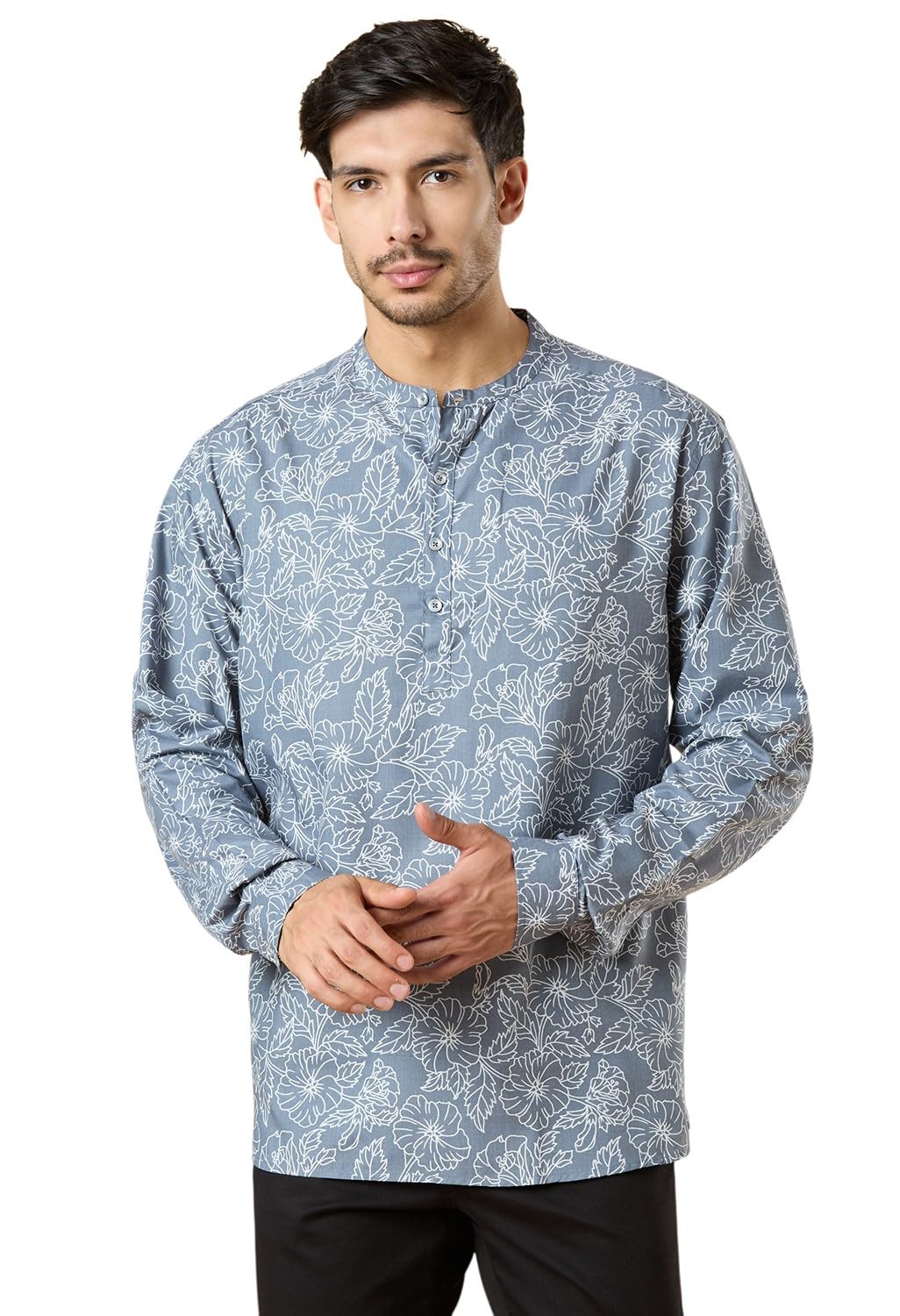 studio shringaar Men's Steel Grey Cotton with Hawiian Floral Print Classic Short Kurta Shirt (Regular Fit)-picture-27