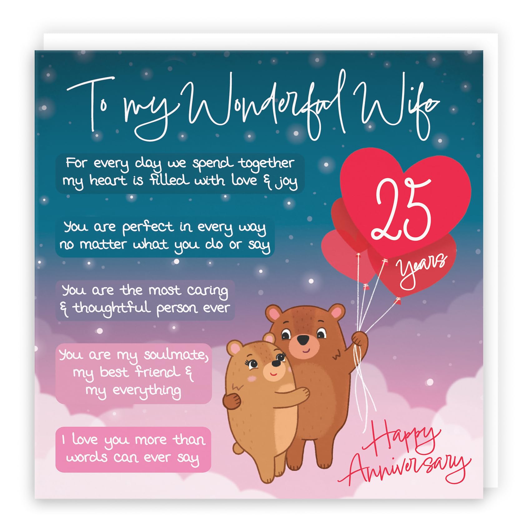 Hunts England - Starry Night 25th Anniversary Card for Wife - Cute Bears & Poem, 25th Wife, Standard (148 x 148 mm)