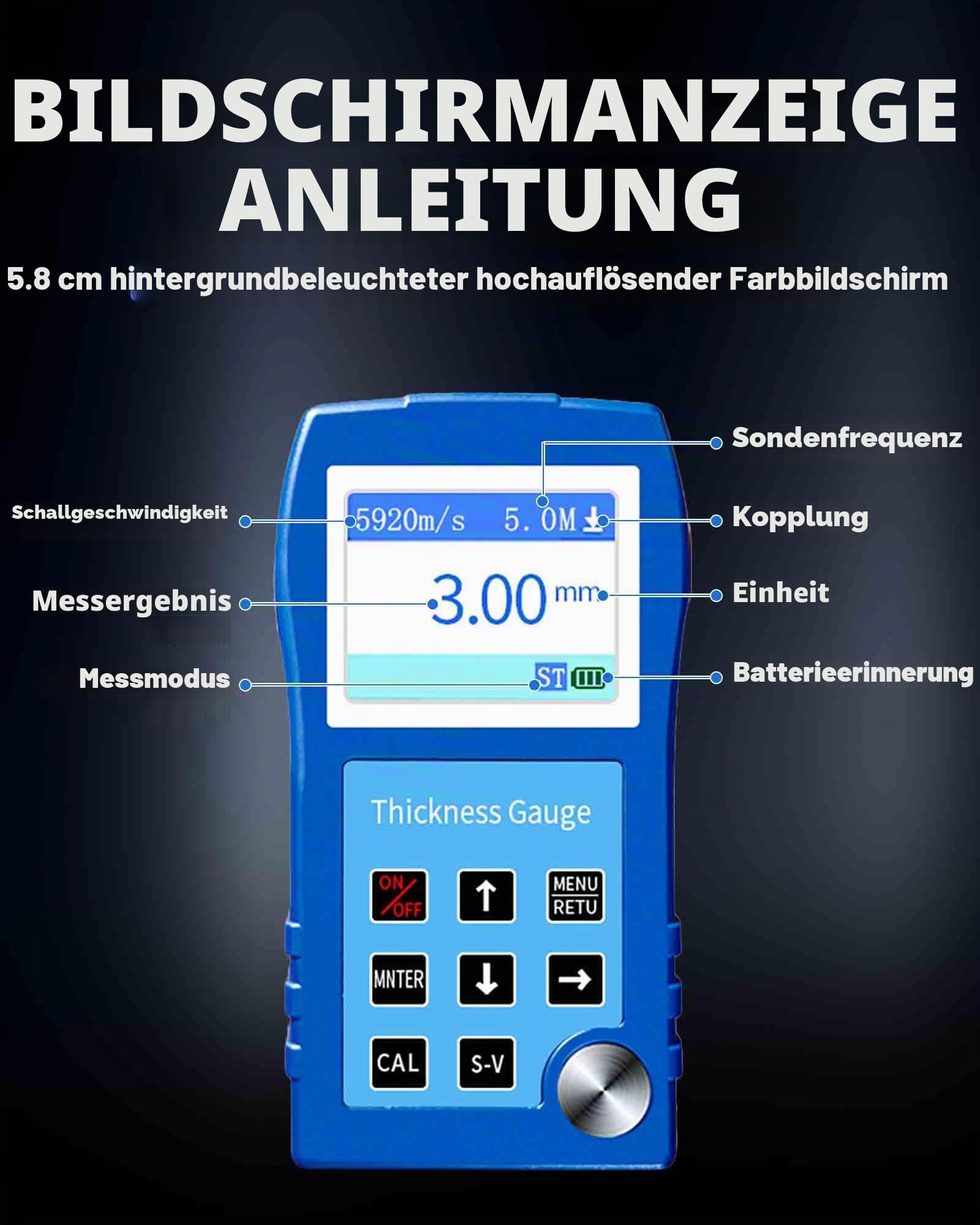 Ultraschall-Dickenmessgerät DR83S 0,9–300 mm, 2.3" Farbdisplay, Genauigkeit 0,1 mm, Thickness Gauge Meter für Metall/Kunststoff/Stahl/Glas, Datenspeicher für 2000 Gruppen, Kein Haftvermittler
