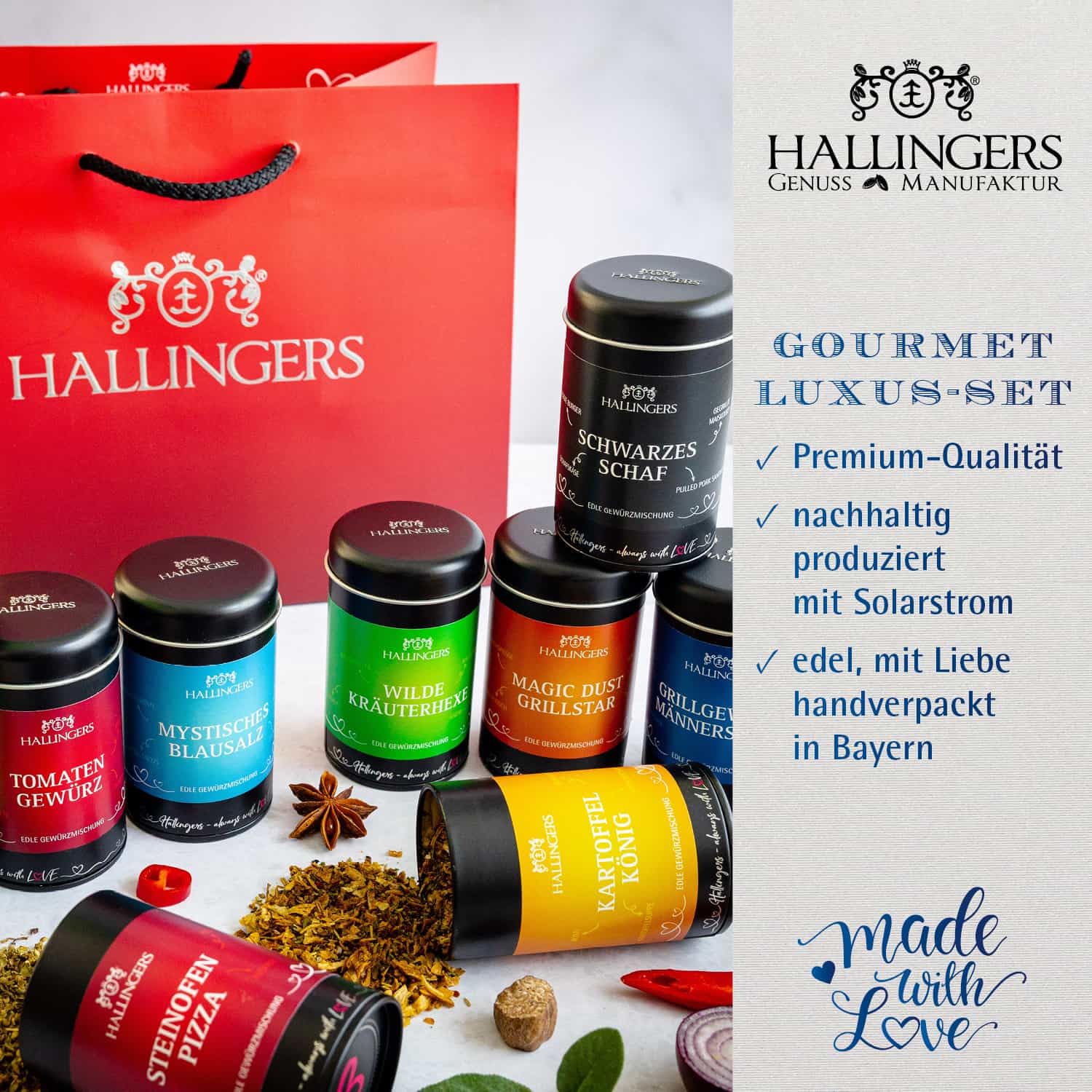Hallingers Genuss Manufaktur Gewürz Geschenk-Set - Selektion unserer Besteller als Probierset in edlen Aromadosen & Tragetasche "Best of Hallingers", Geschenkidee für Frauen Männer