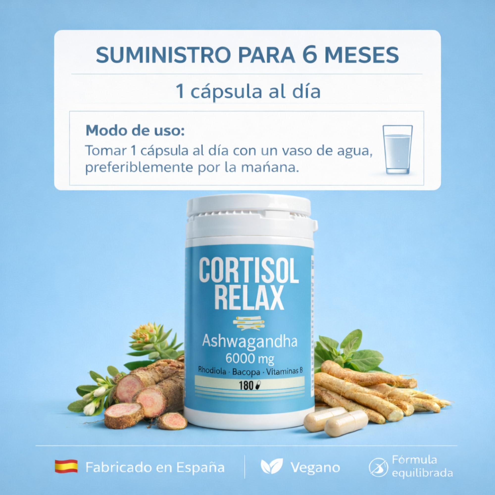 DIETETICA EUROPEA Cortisol RELAX 6 meses - bajar cortisol y estres y ansiedad sin perder energía - ashwagandha y rhodiola + bacopa monnieri - anti estres natural 180 Cápsulas