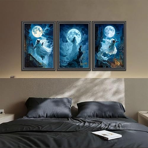 Miniatura 5 de 3 piezas de arte de pared de brujas fantasmas de Halloween, terror, espeluznante, melancolía, fantasma, azul, gato negro, lienzo, decoración de