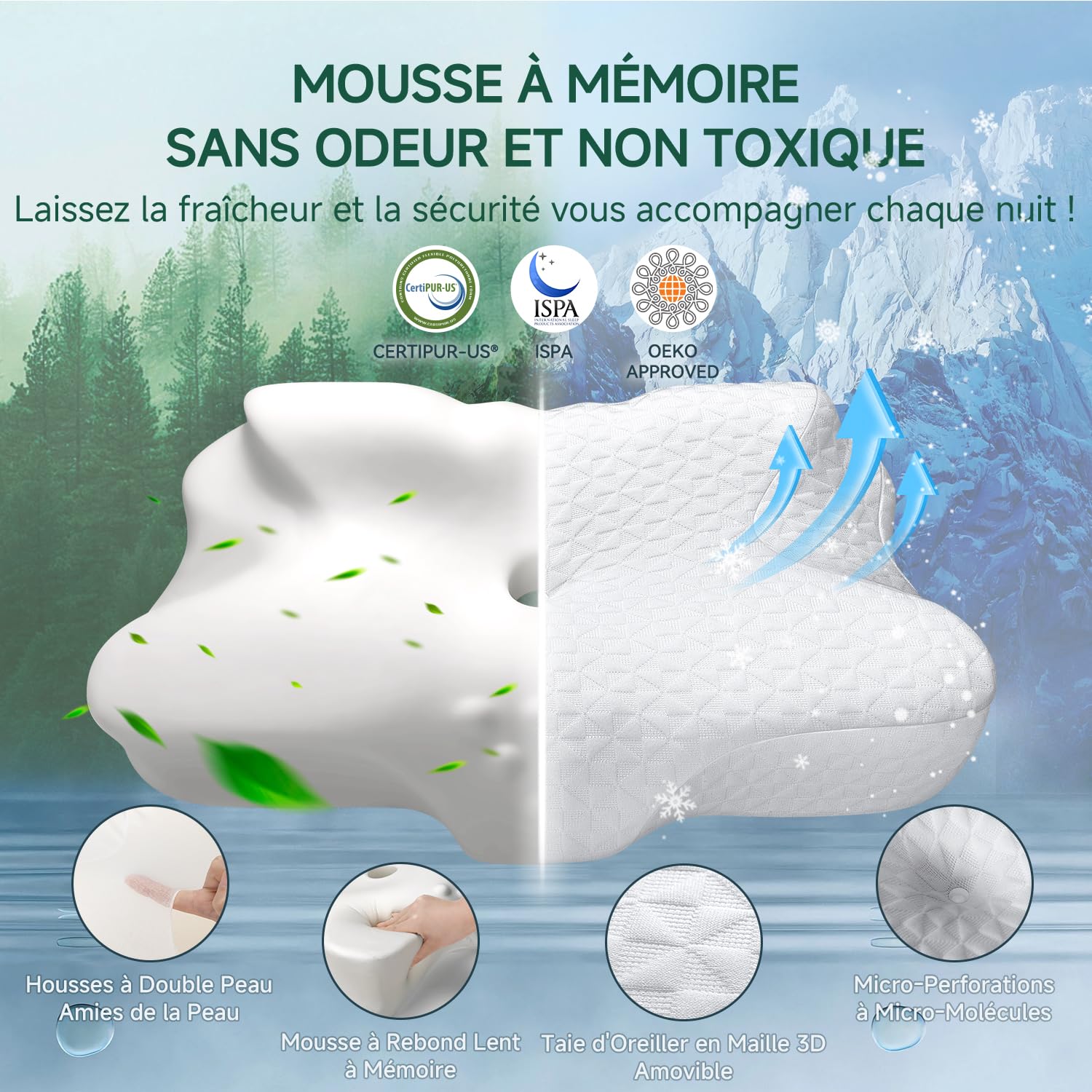 TESQ Oreiller Cervical Ergonomique 2 en 1 | Mousse à Mémoire de Forme, Hauteur Réglable, Dormeurs Côté et Dos, Taie Lavable, 60 x 40 x 9/12 cm