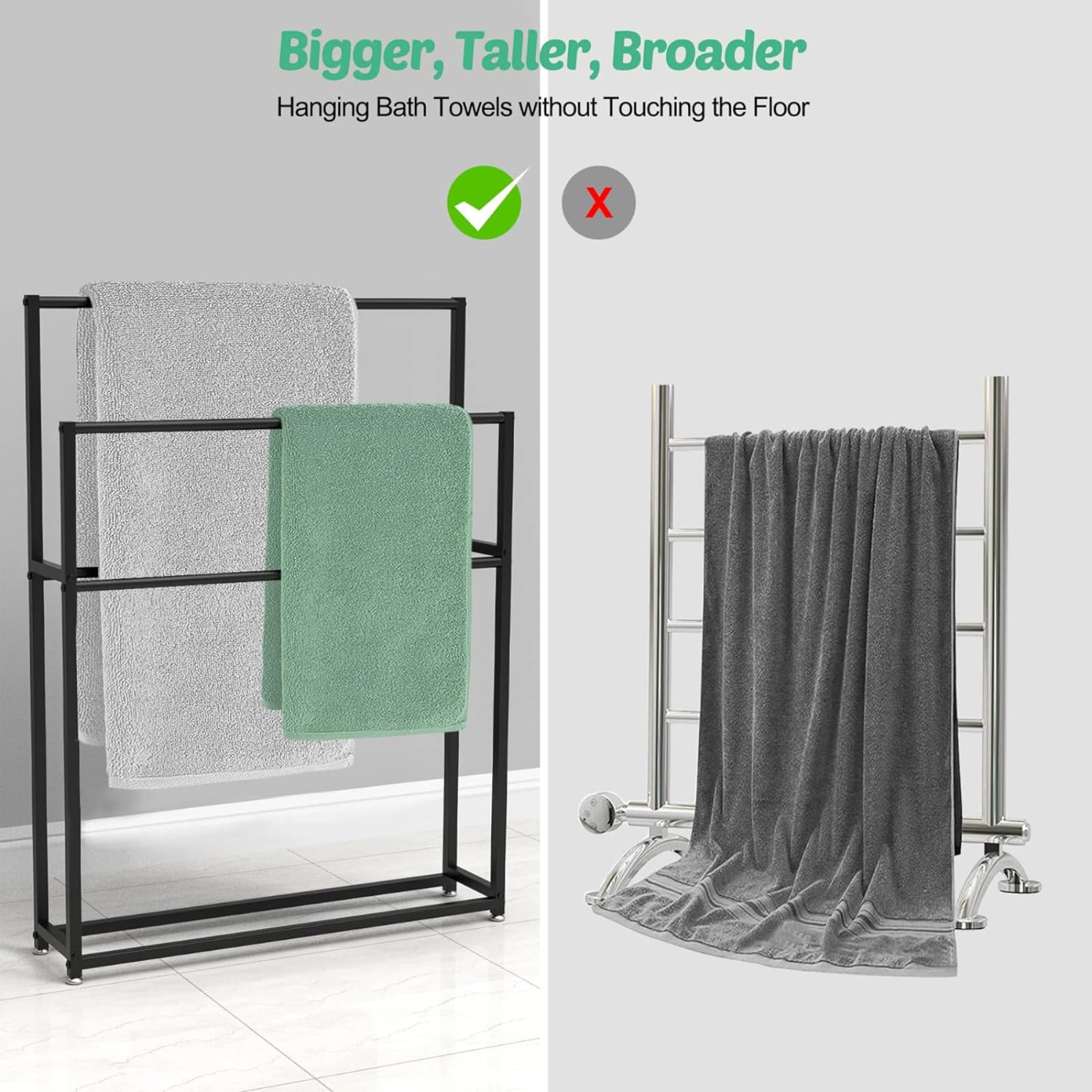 Porta asciugamani per piscina e spa, portasciugamani da pavimento indipendente, 2 ripiani, in metallo nero, porta asciugamani da bagno, per piscina, hotel, ufficio e casa, nero, 85 x 20 x 110 cm
