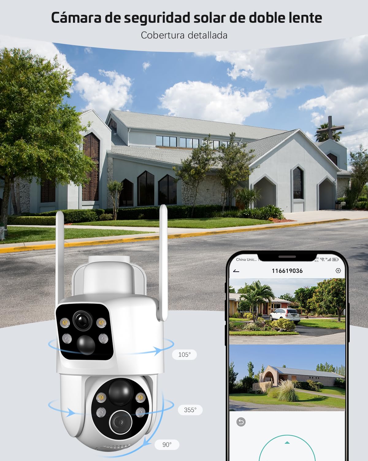 COCOCAM 2K Camara Vigilancia WiFi Exterior Solar con Lentes Duales PIR | Sin Cable, Batería 10000mAh, 355°P 90°T, Panel Solar 6W, IP66, 2.4G WIFI
