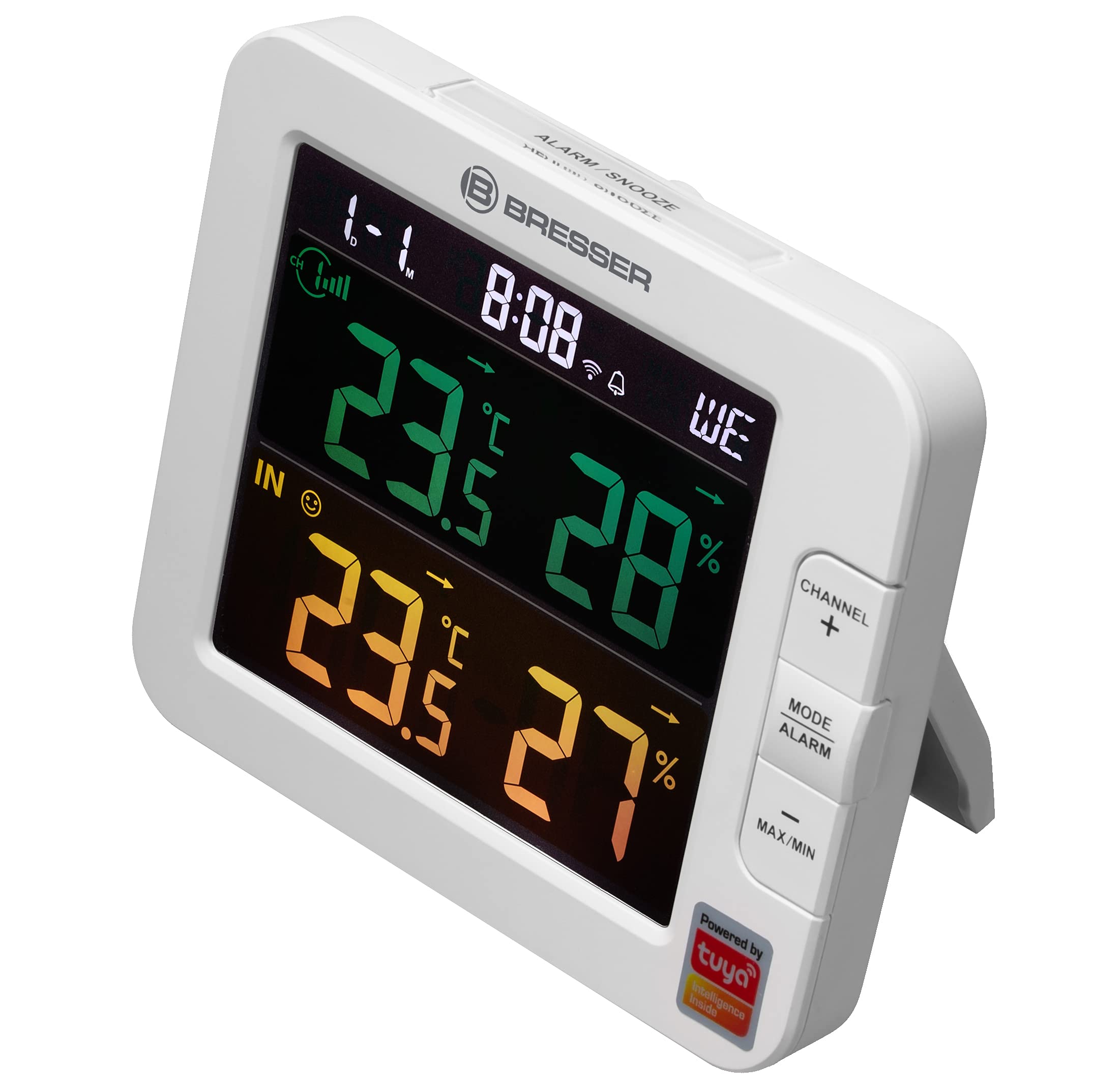 Bresser WLAN Smart Home 7-Kanal Tuya Funk Thermometer-Hygrometer mit Außensensor, mit integriertem Wecker, Weiß | Temperatur und Luftfeuchtigkeitsmesser, Schimmelalarm, Lüftungsempfehlung, Tuya App, WLAN, 150 m Reichweite