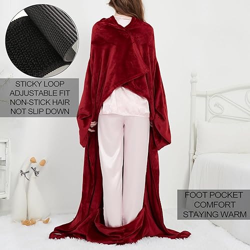 Miniatura 2 de Manta de forro polar con mangas y bolsillo para el pie para adultos, mujeres y hombres, manta ligera de felpa suave para TV con mangas y velcro