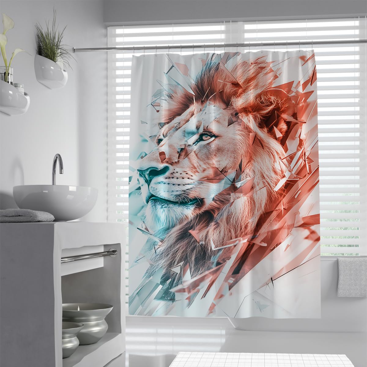 UIRINGART Geometric Lion Shower Stall Liners W180xL180cm Waterproof Mildew Resistant Colorful Abstract Shattered Glass Wildlife Fabric Bath Curtains Rustproof Grommets