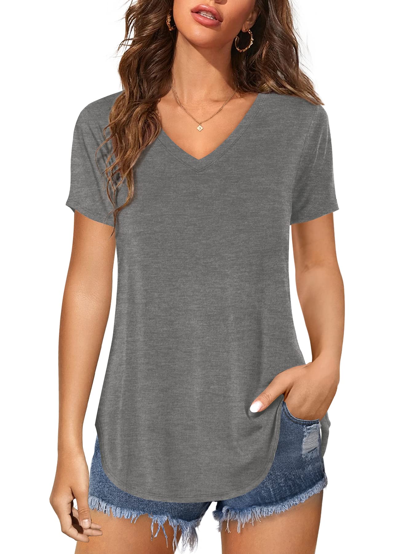 Florboom Tunika Damen Langarm/Kurzarm V Ausschnitt Oberteil Shirts Basic Casual Longshirt