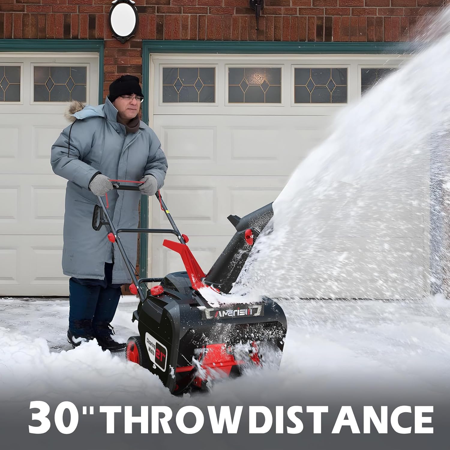 A person operating the AMERISUN snow blower, showing snow being thrown a distance of 30 feet.