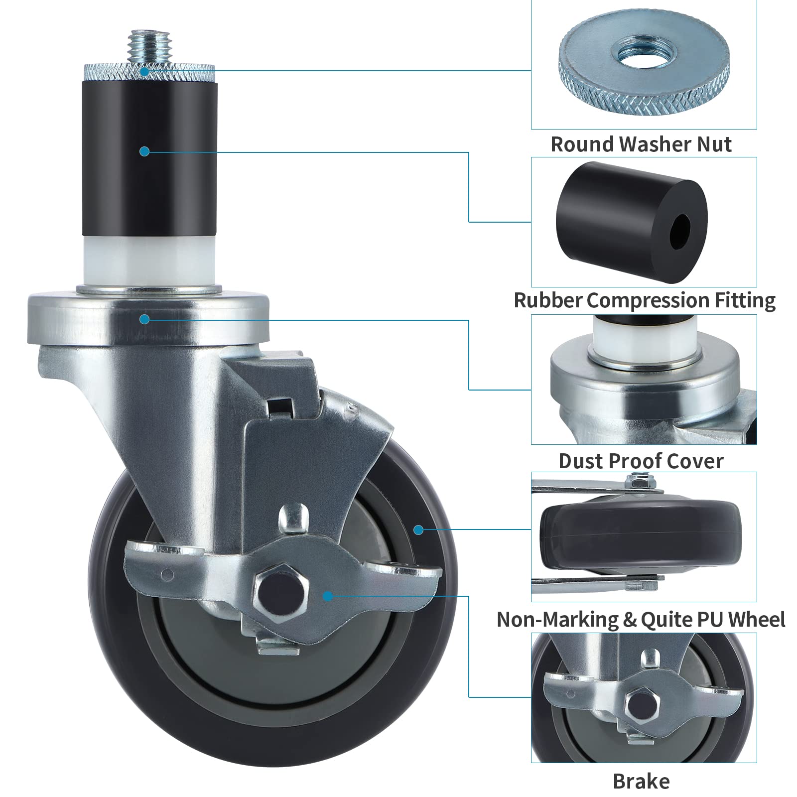 Skelang 4 ruote a stelo espandibile da 10,2 cm, in acciaio inox, con freni, ruote resistenti per tavoli da lavoro da cucina commerciali con tubo da 38 mm, capacità di carico totale 400 kg