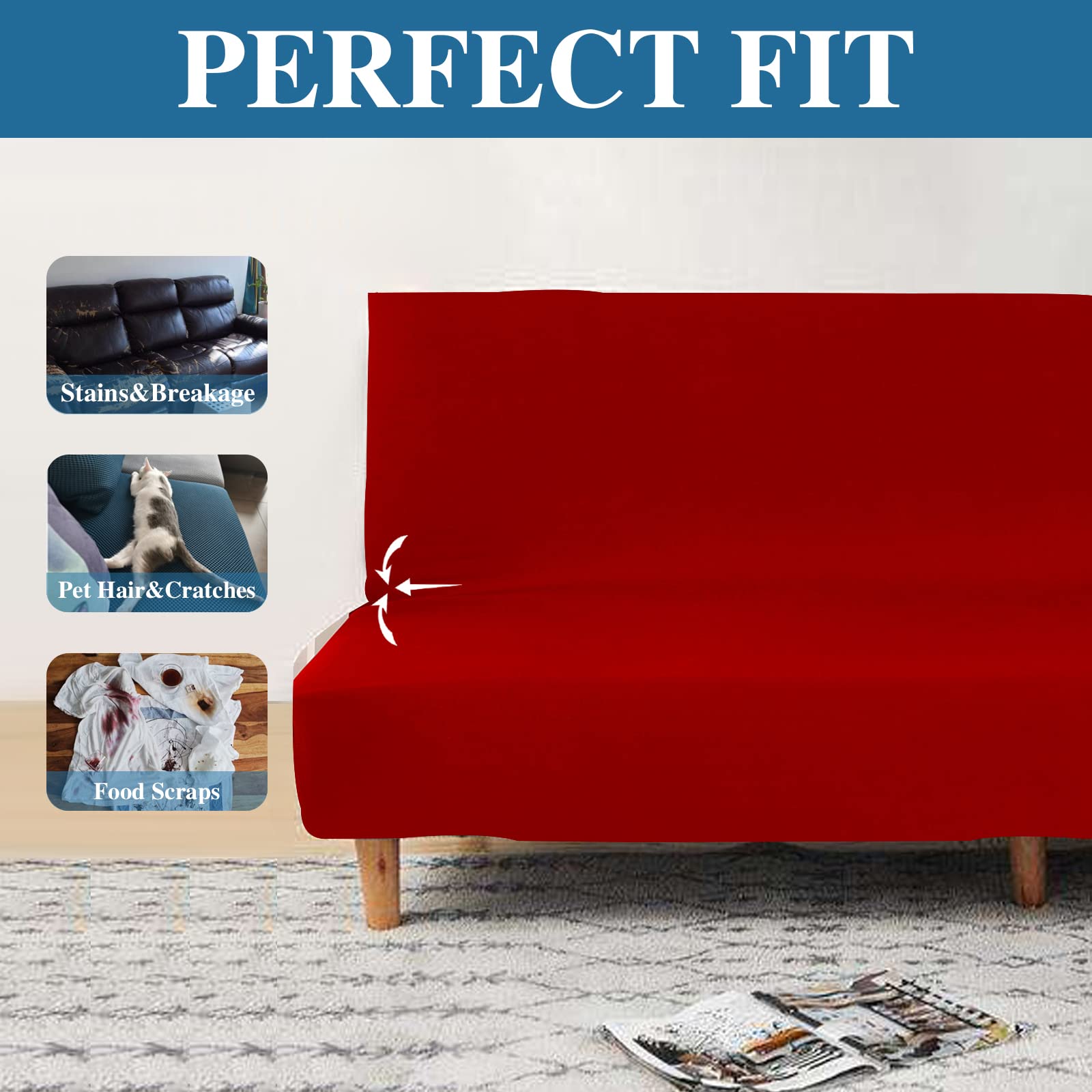 Jaotto Copridivano 2/3 Posti Senza Braccioli Elasticizzato, Fodere Copridivano Letto Antigraffio Lavabile Rimovibile, Copridivano Clic Clac Elastico Pieghevole Antiscivolo per Casa Soggiorno,Rosso