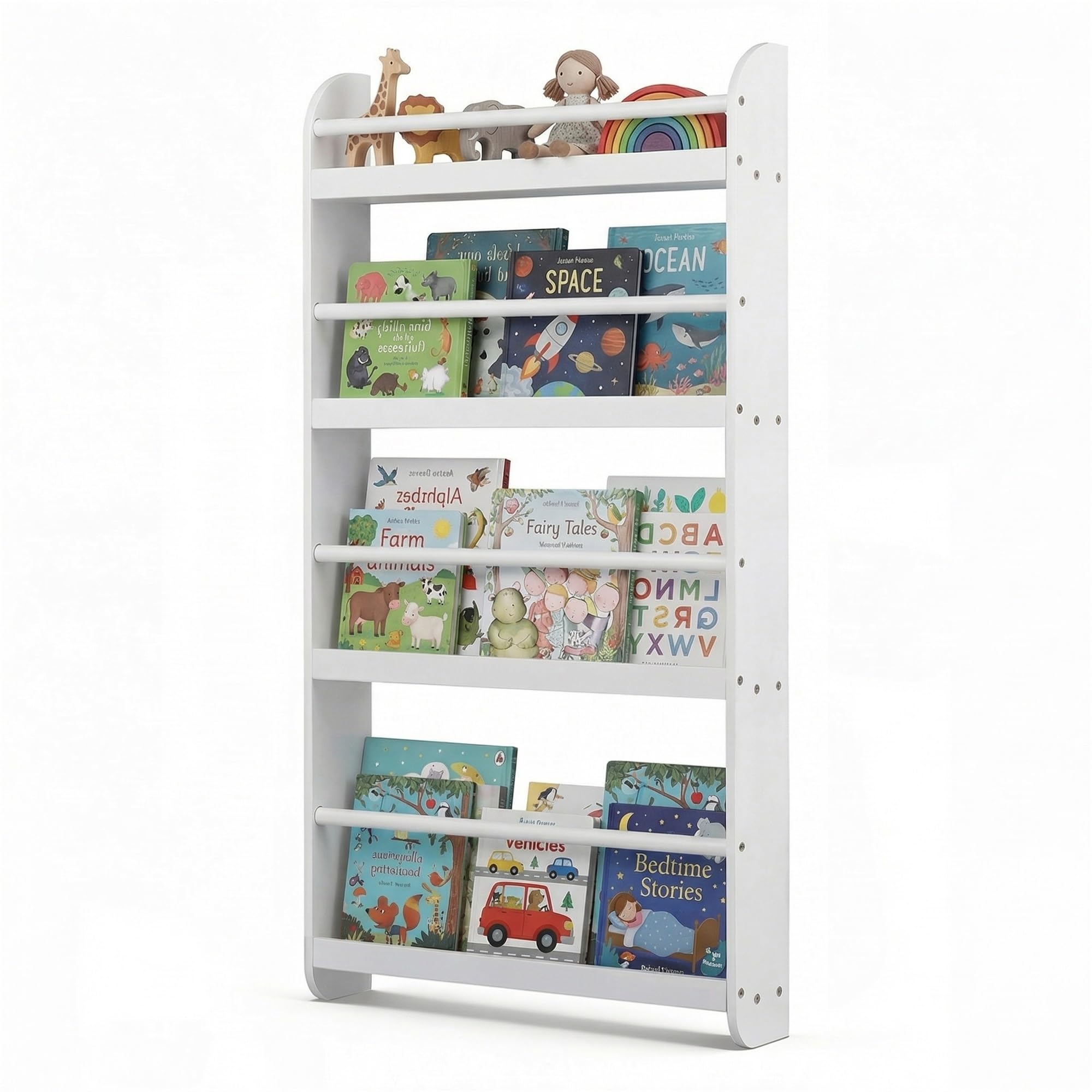 RELAX4LIFE Libreria da Parete per Bambini, Libreria Montessoriana per Bambini con Bordi Rialzati e Barre di Protezione, Scaffale Portaoggetti a 4 Livelli per Cameretta e Asilo Nido (Bianco)