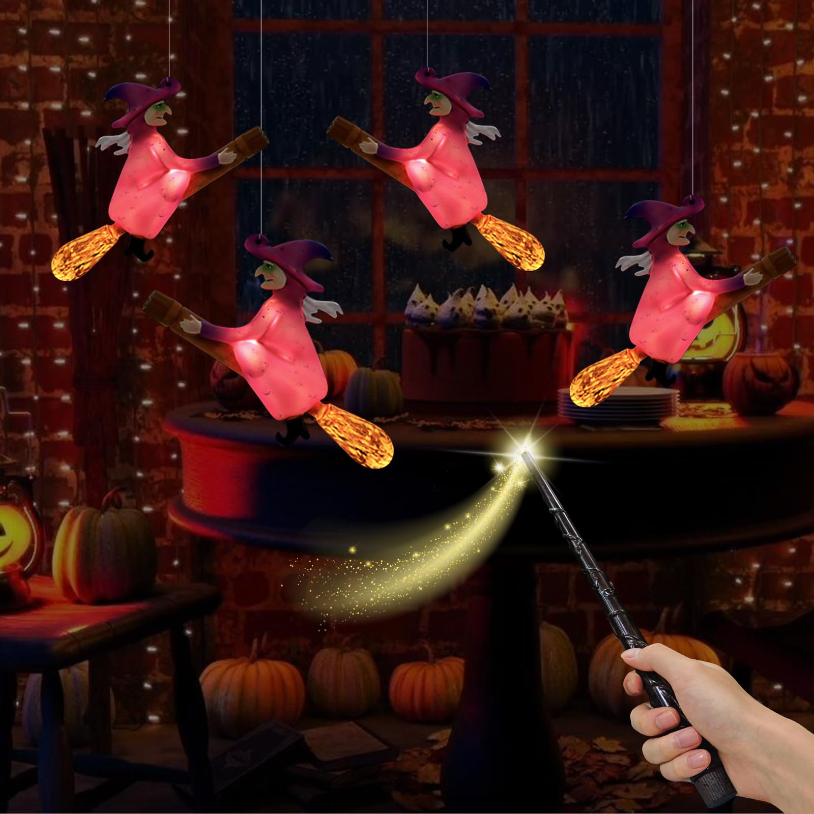 4PK Witch Broom Lamps Witch Light Wand for Harry Potter Home Room Decor,LED Night Light Witch Flying On Broomsticks,Floating Light Up Witch Christmas Decoration Kids Birthday Gifts Theme Party Supply