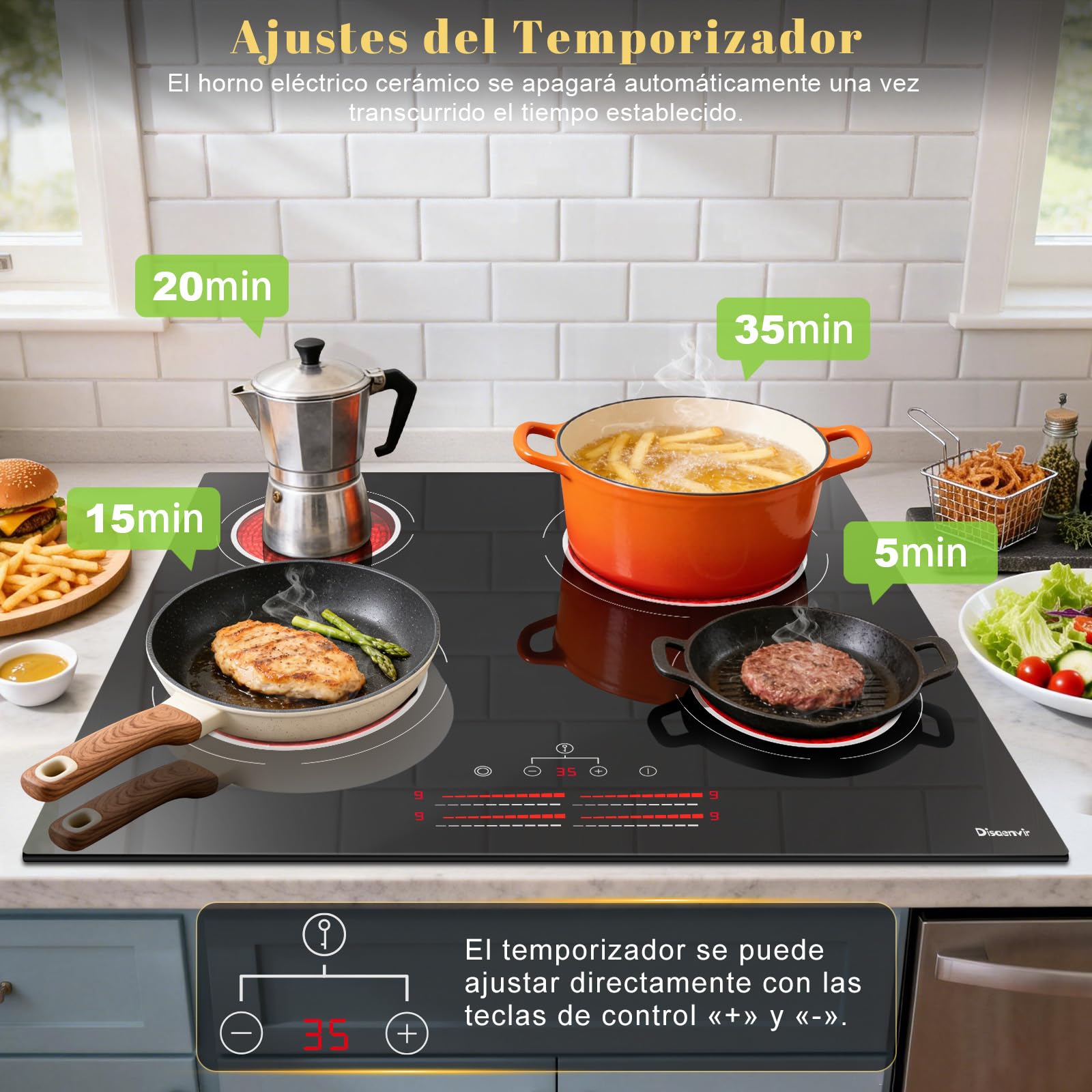 Placa Vitrocerámica 4 Fuegos 6600 W, Placa de Cocción con Zona de Expansión, Placa de Cocina Empotrable 60 cm, 9 Niveles de Potencia, Temporizador, Bloqueo para Niños, 220-240 V